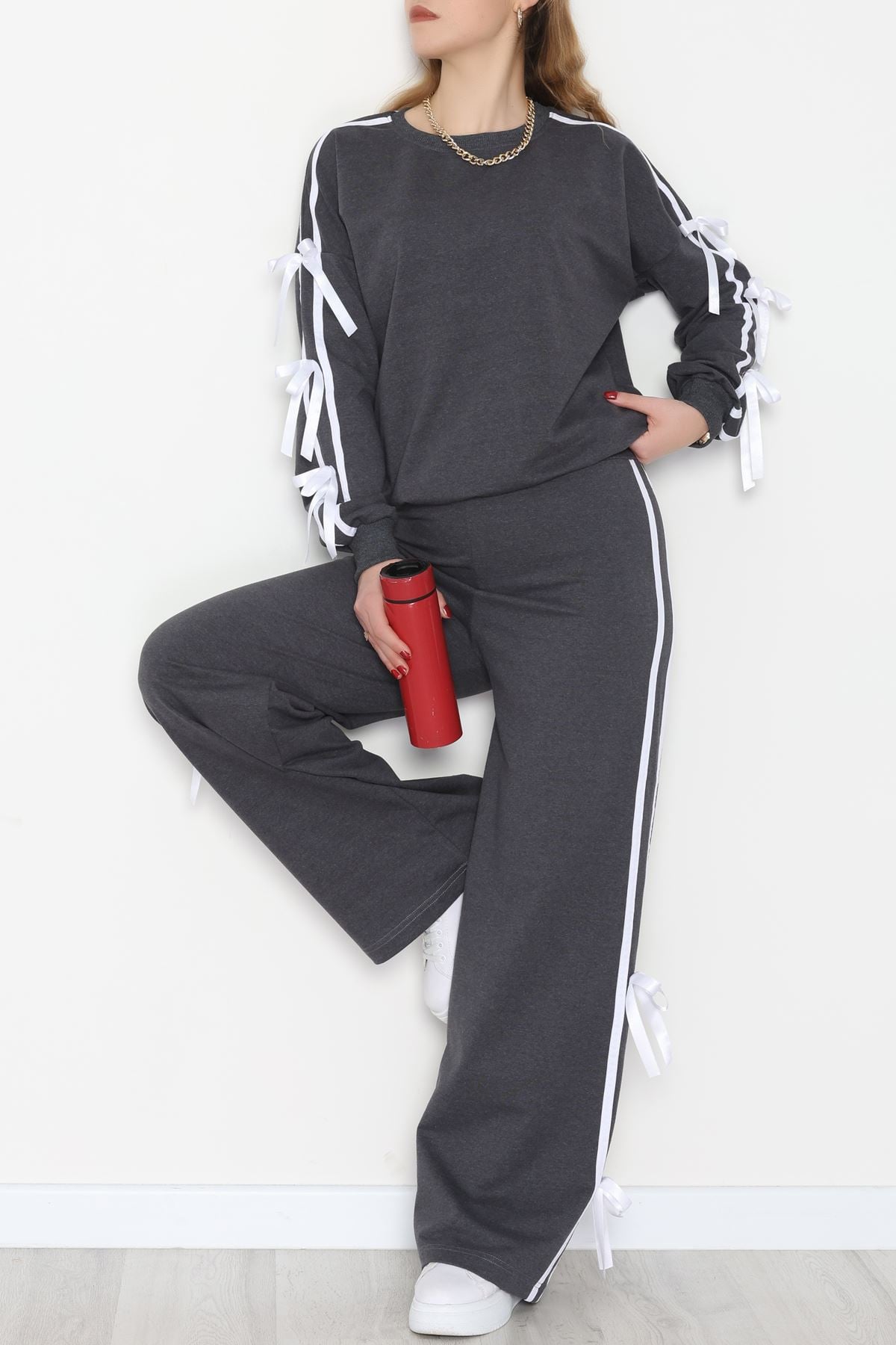 Özel Tasarım İki İplik Kurdele Detay Eşofman Takım Füme - 70164.1857.