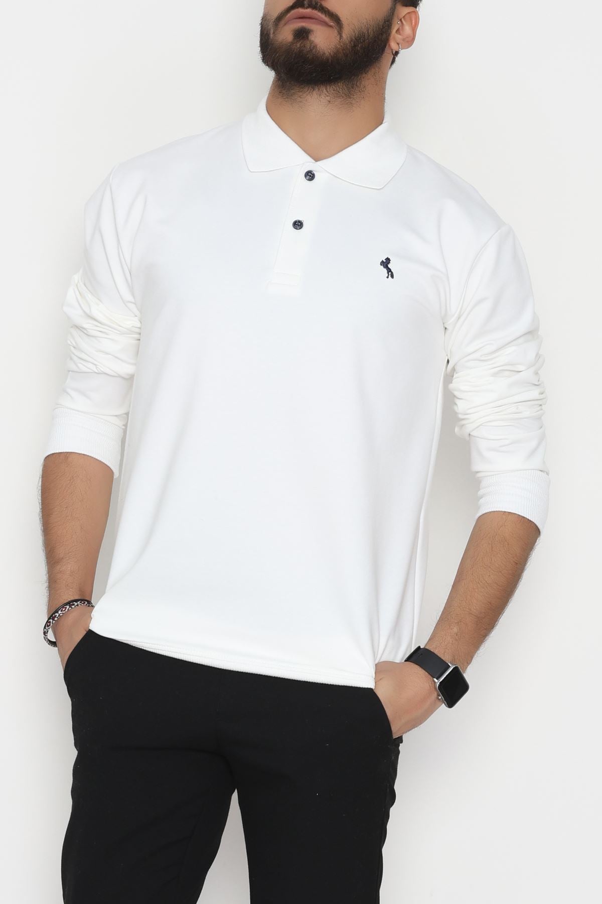 2 İplik Likralı Polo Yaka Erkek Sweat Beyaz - 42743.2087.