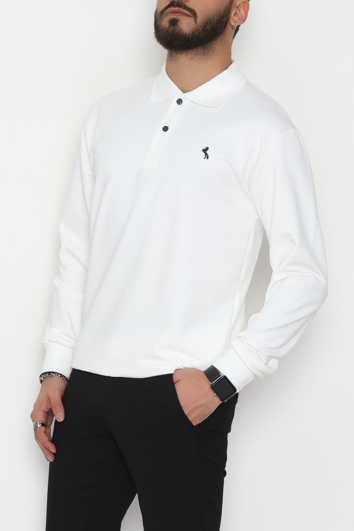 2 İplik Likralı Polo Yaka Erkek Sweat Beyaz - 42743.2087.