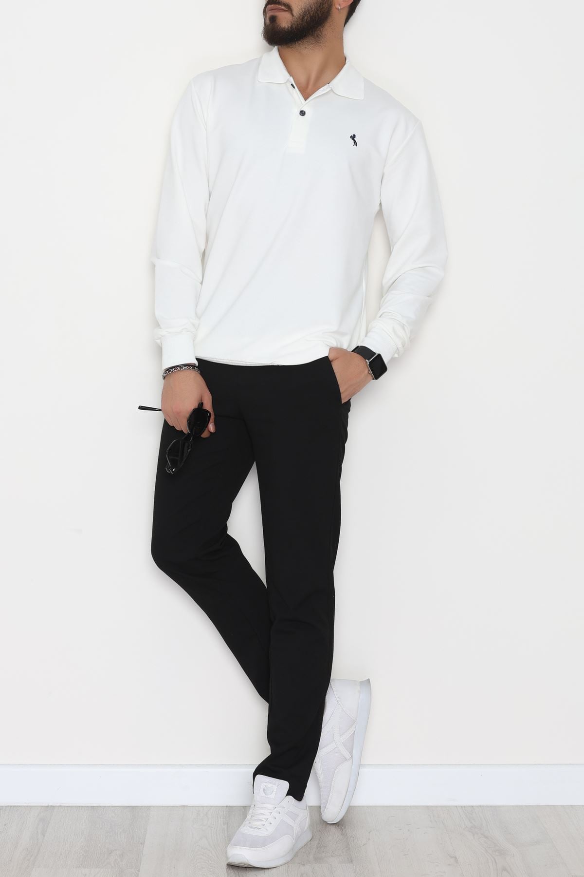 2 İplik Likralı Polo Yaka Erkek Sweat Beyaz - 42743.2087.