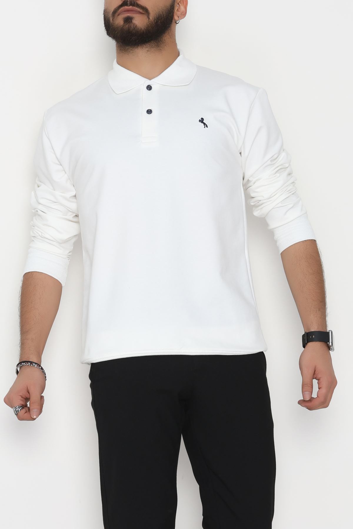 2 İplik Likralı Polo Yaka Erkek Sweat Beyaz - 42743.2087.