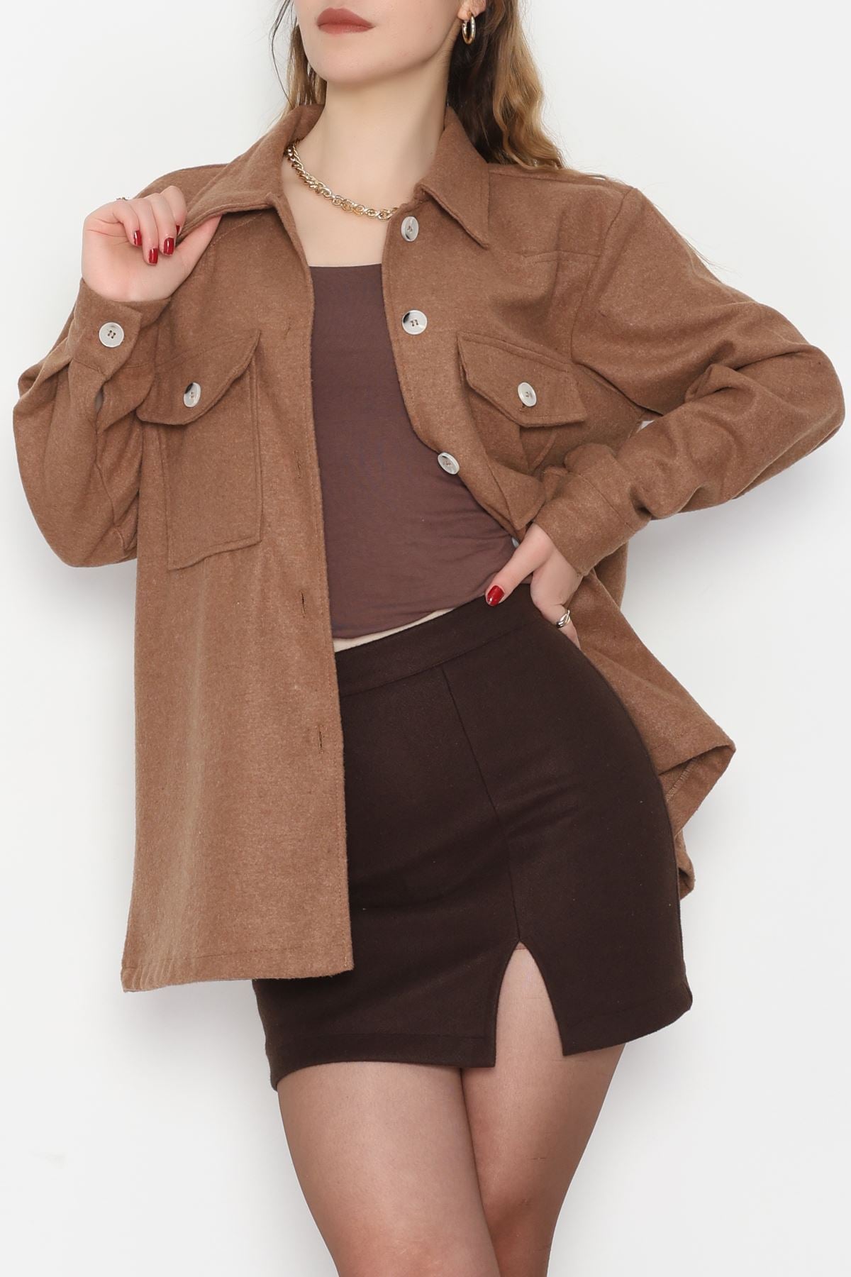 Çift Cepli Kuşaklı Tunik Gömlek Taba - 70991.1775.