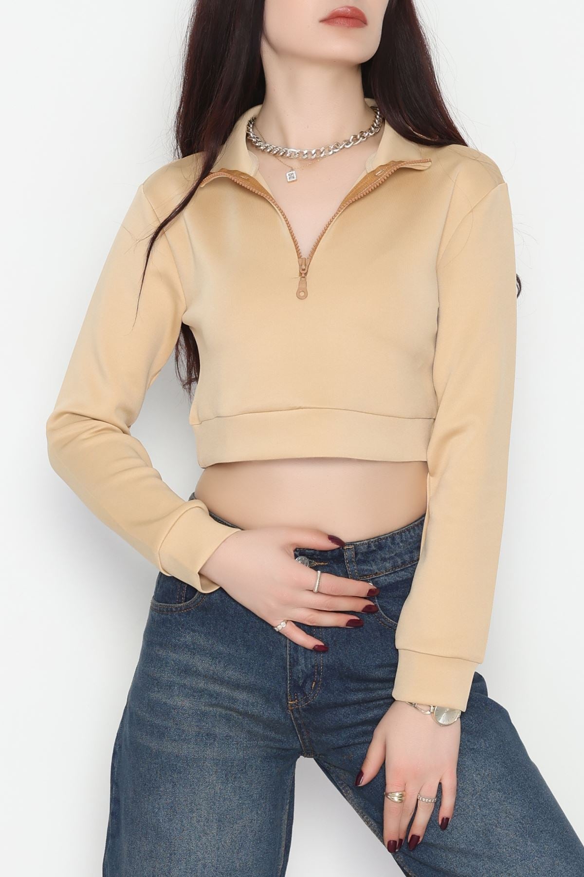 Scuba Yarım Fermuarlı Sweat Bej - 1066.2119.