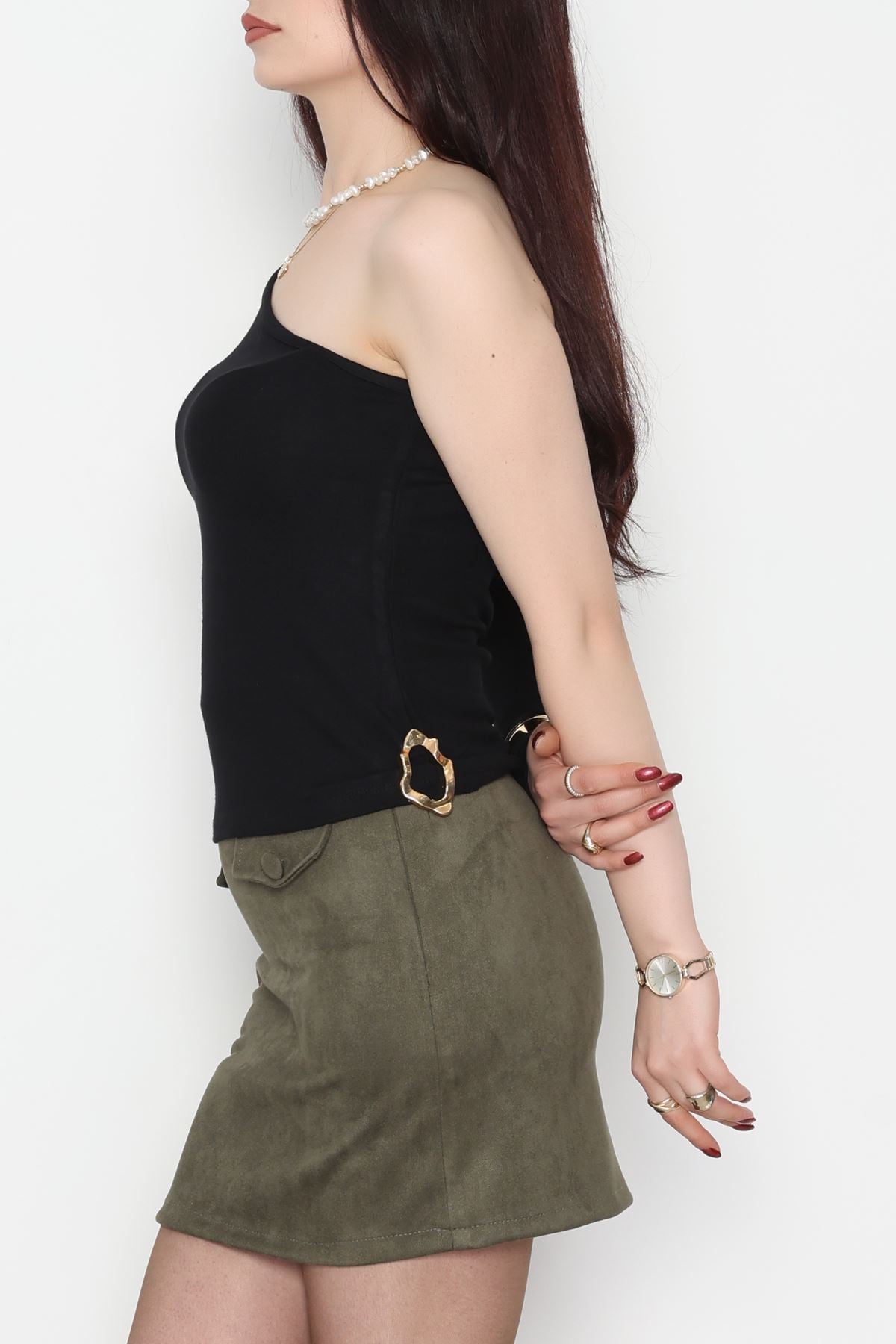 Buzzy Kumaş Tek Omuz Toka Detaylı Bluz Siyah - 1052.2119.