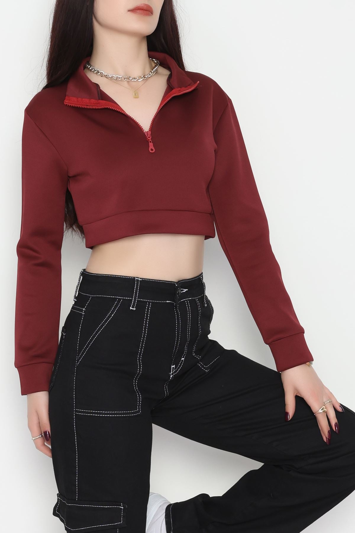 Scuba Yarım Fermuarlı Sweat Bordo - 1066.2119.