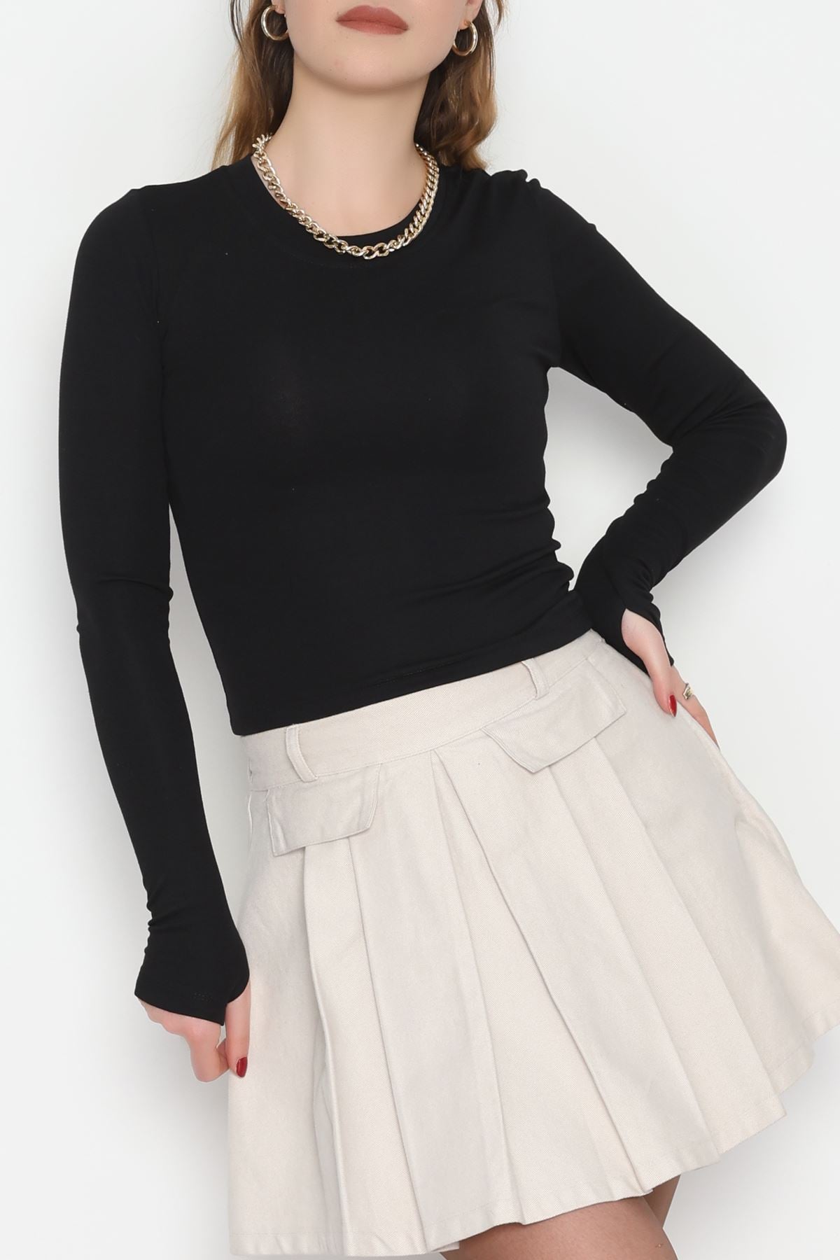 Ribana Kumaş Parmak Geçmeli Body Siyah - 51115.1872.