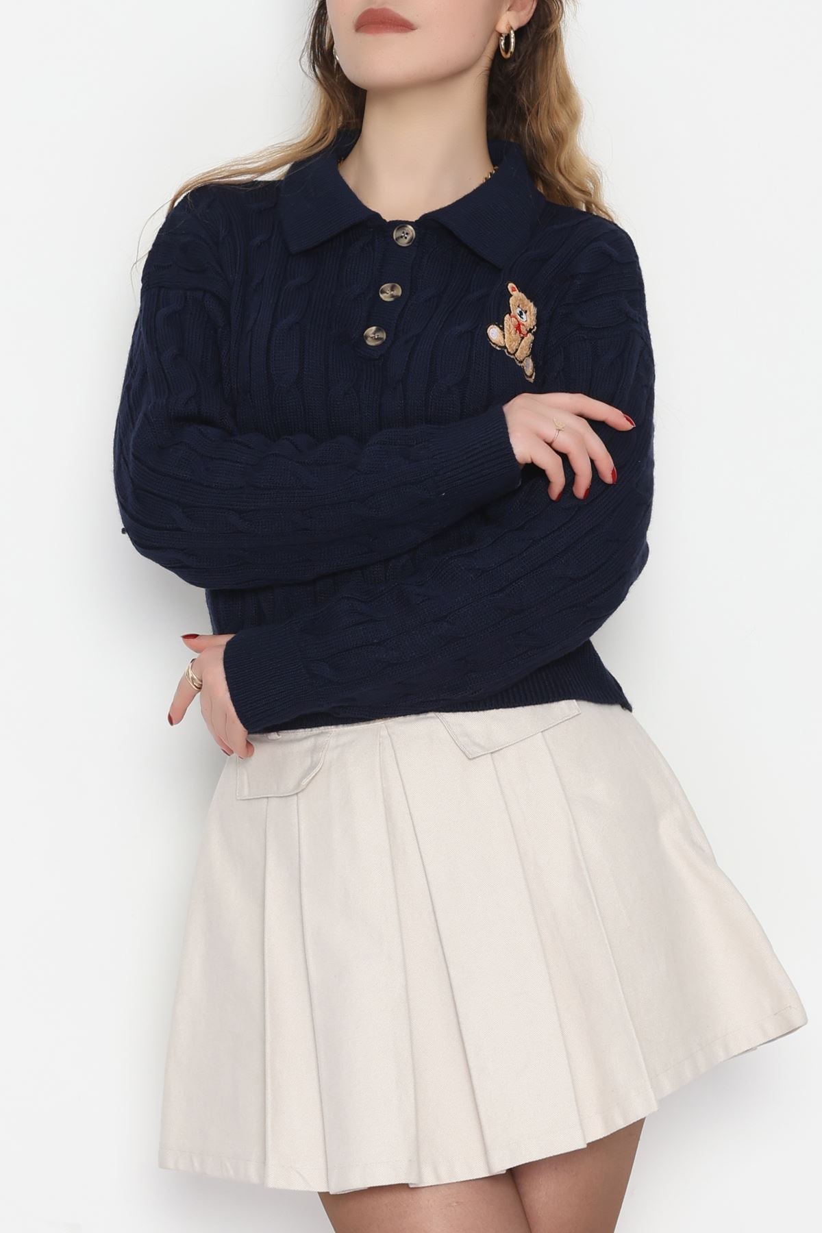 Saç Örgü Nakışlı Triko Kazak Lacivert - 2162.1247.