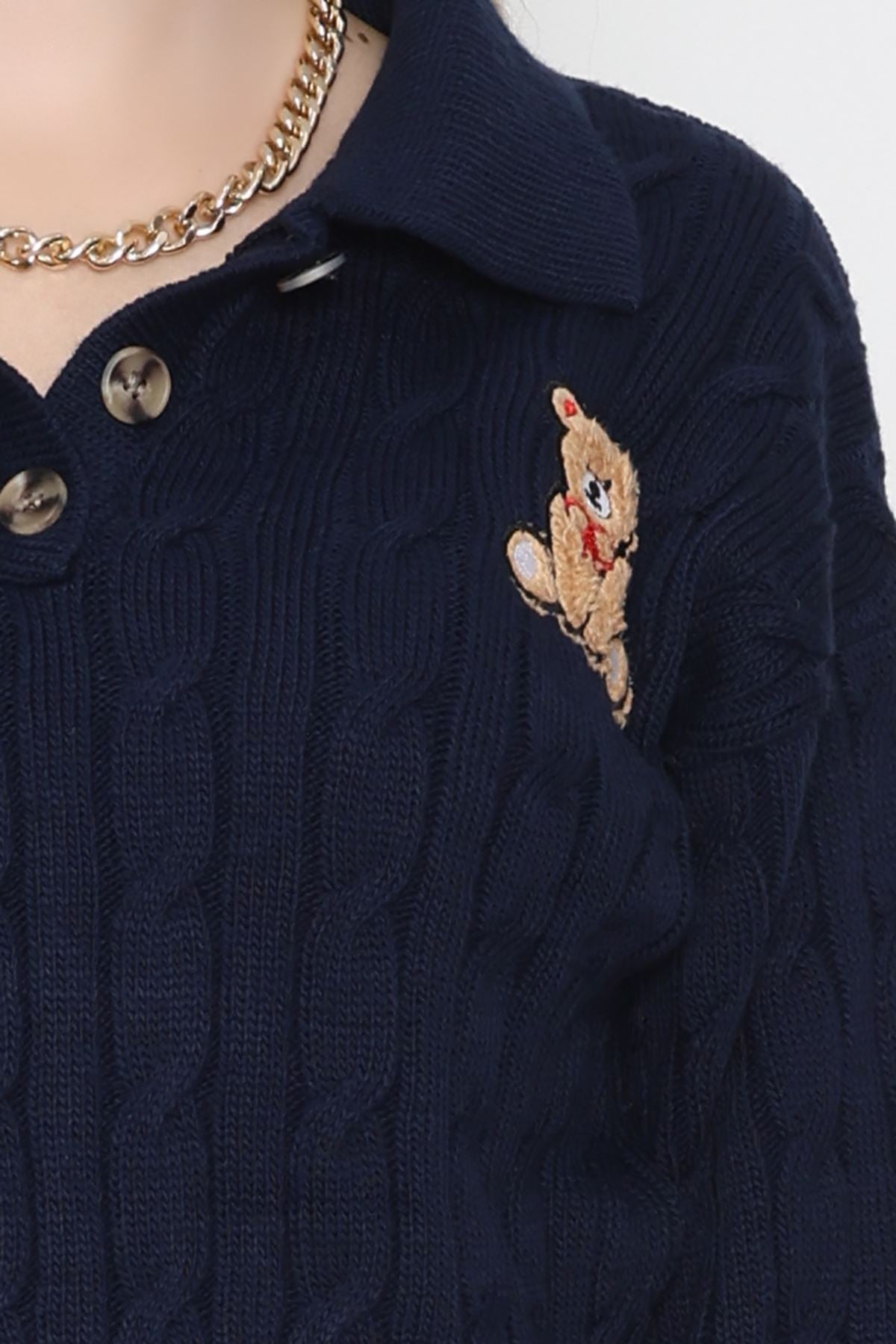 Saç Örgü Nakışlı Triko Kazak Lacivert - 2162.1247.