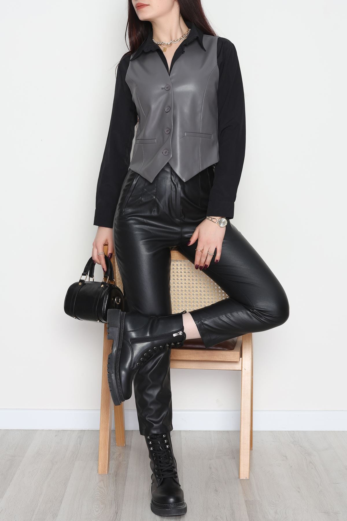 Zra Deri Astarlı Yelek Koyugri - 51077.1779.