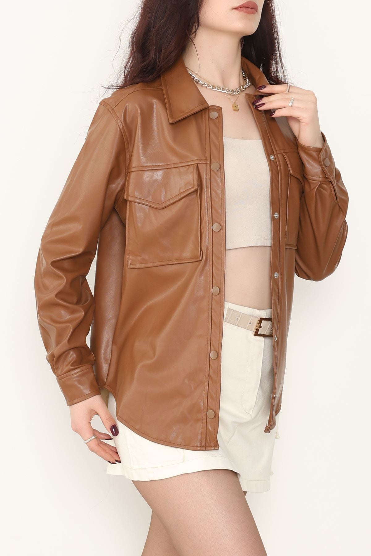 Zra Deri Cep Detaylı Düğmeli Gömlek Taba - 51085.1779.