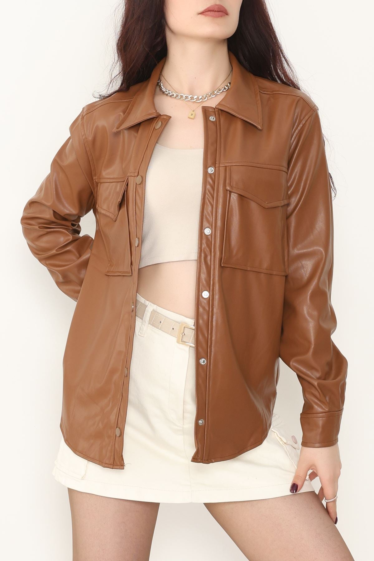 Zra Deri Cep Detaylı Düğmeli Gömlek Taba - 51085.1779.