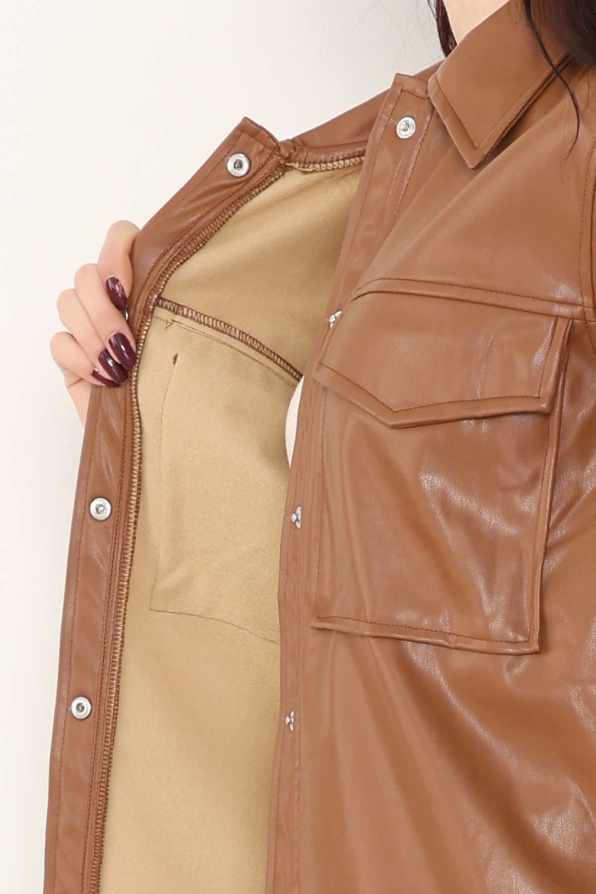 Zra Deri Cep Detaylı Düğmeli Gömlek Taba - 51085.1779.