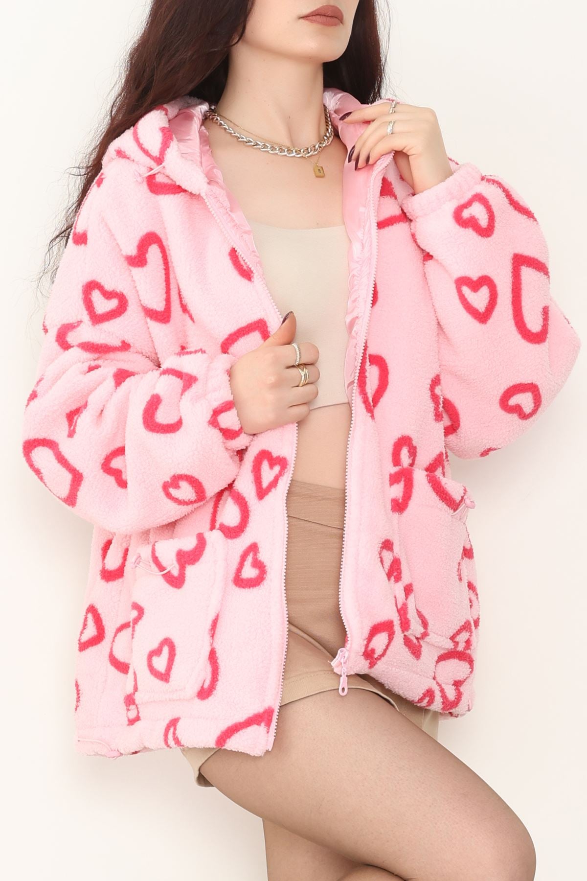 Kapüşonlu Kalpli Peluş Mont Pembekalp - 31482.1247.