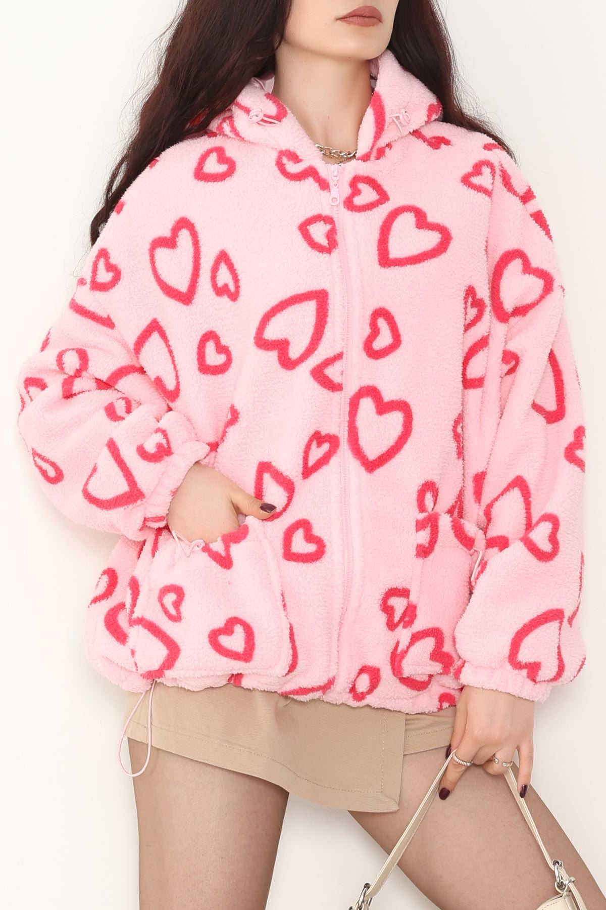 Kapüşonlu Kalpli Peluş Mont Pembekalp - 31482.1247.