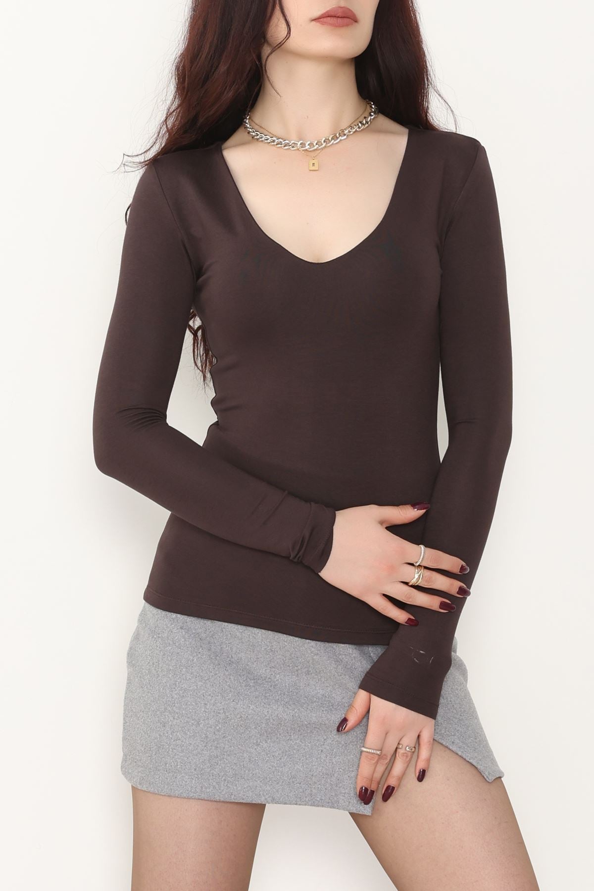 V Yaka Likralı Viskon Uzun Kollu Body Kahve - 22132.200.