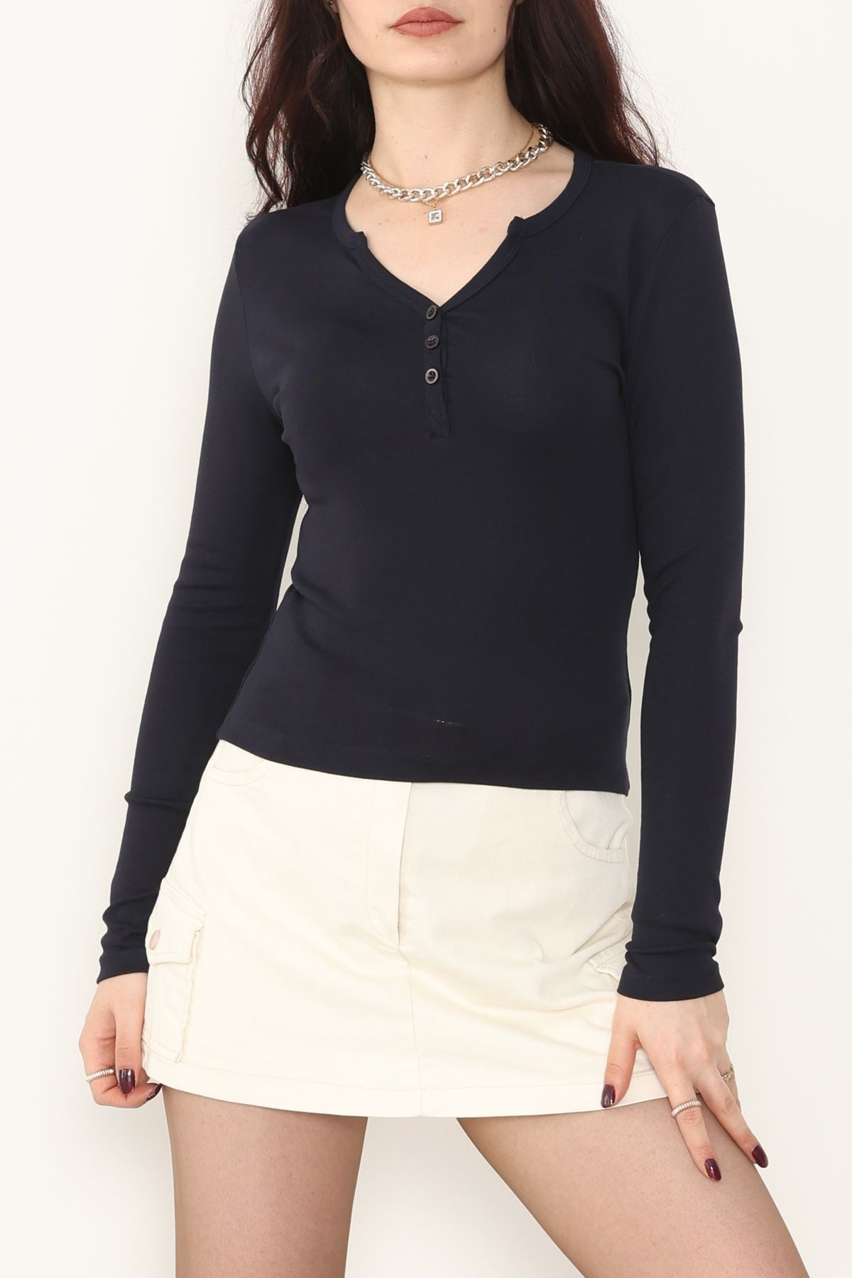 Ribana Kumaş V Yaka Düğme Detay Body Lacivert - 21926.200.