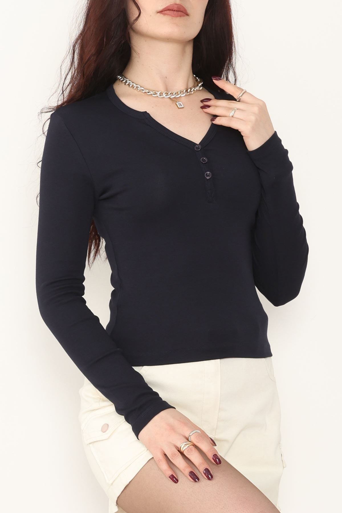 Ribana Kumaş V Yaka Düğme Detay Body Lacivert - 21926.200.