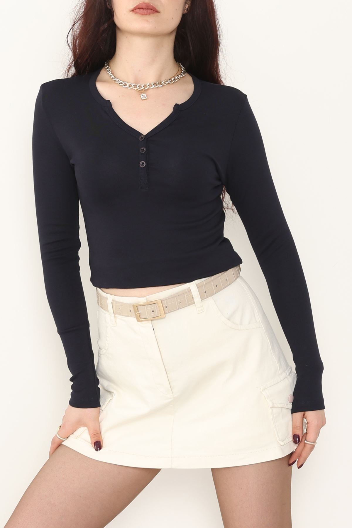 Ribana Kumaş V Yaka Düğme Detay Body Lacivert - 21926.200.