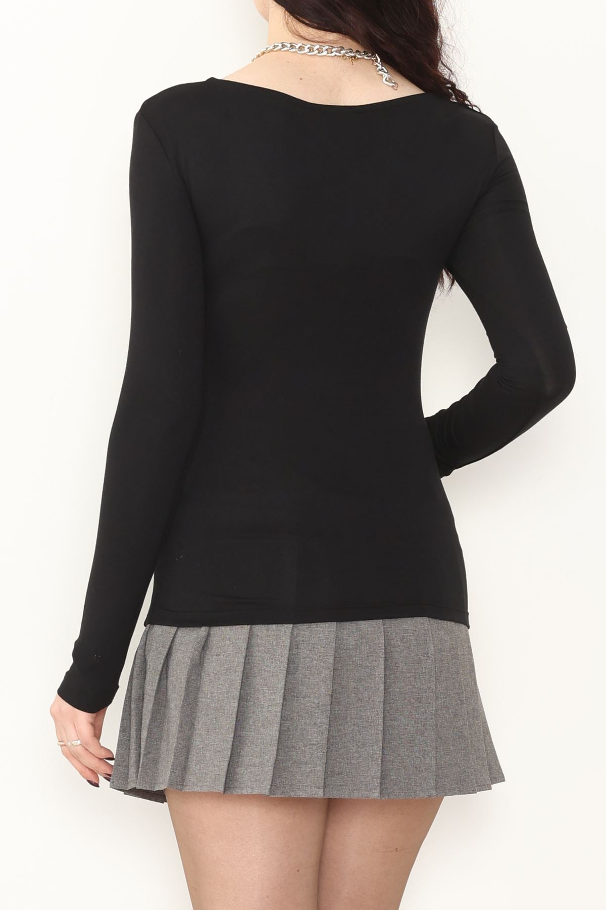 V Yaka Likralı Viskon Uzun Kollu Body Siyah - 22132.200.