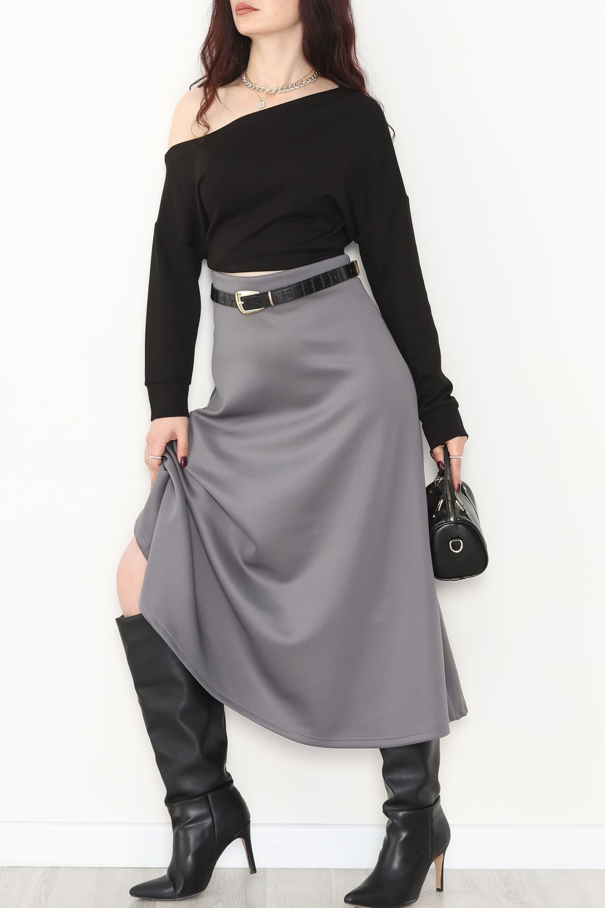 Puf Scuba Kumaş Uzun Etek Gri - 51104.1355.