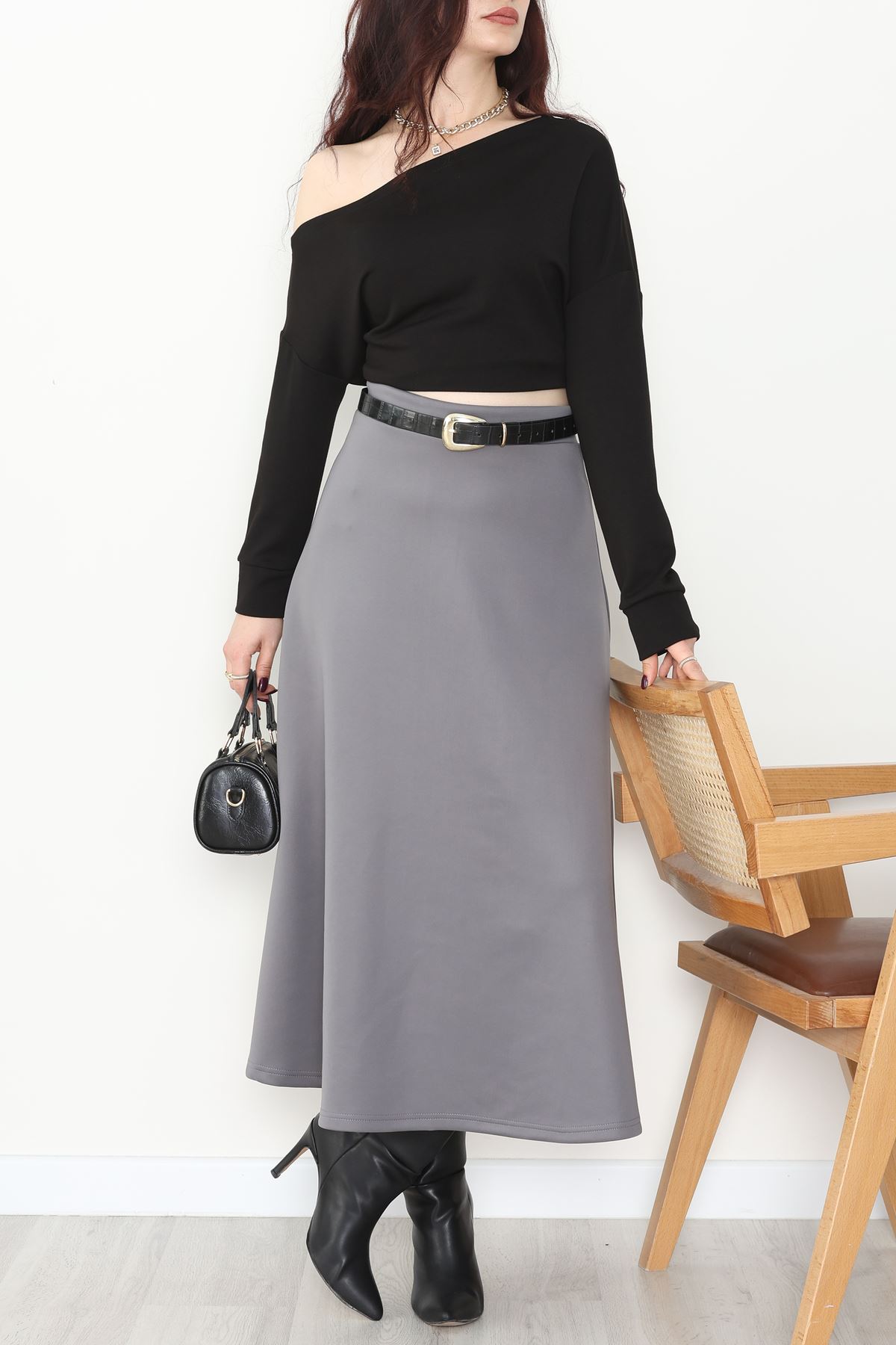 Puf Scuba Kumaş Uzun Etek Gri - 51104.1355.