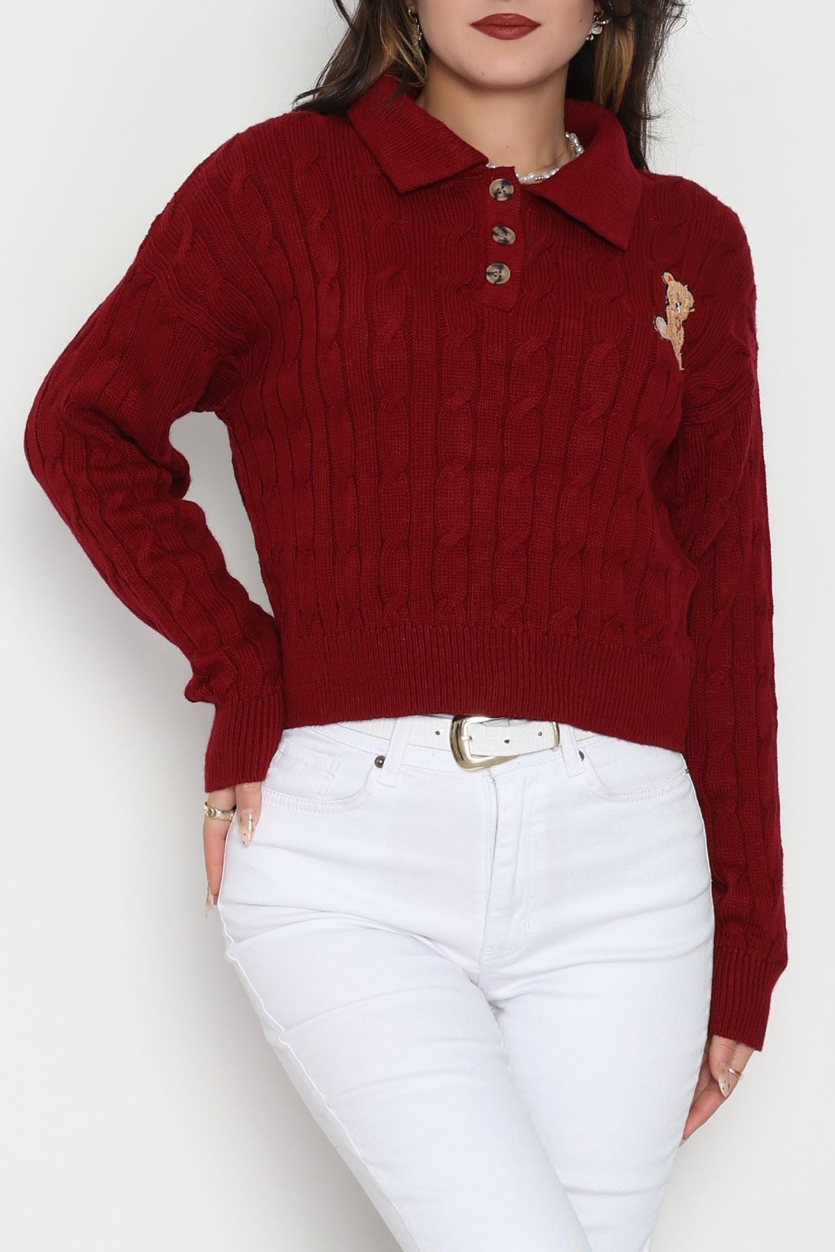 Saç Örgü Nakışlı Triko Kazak Bordo - 2162.1247.