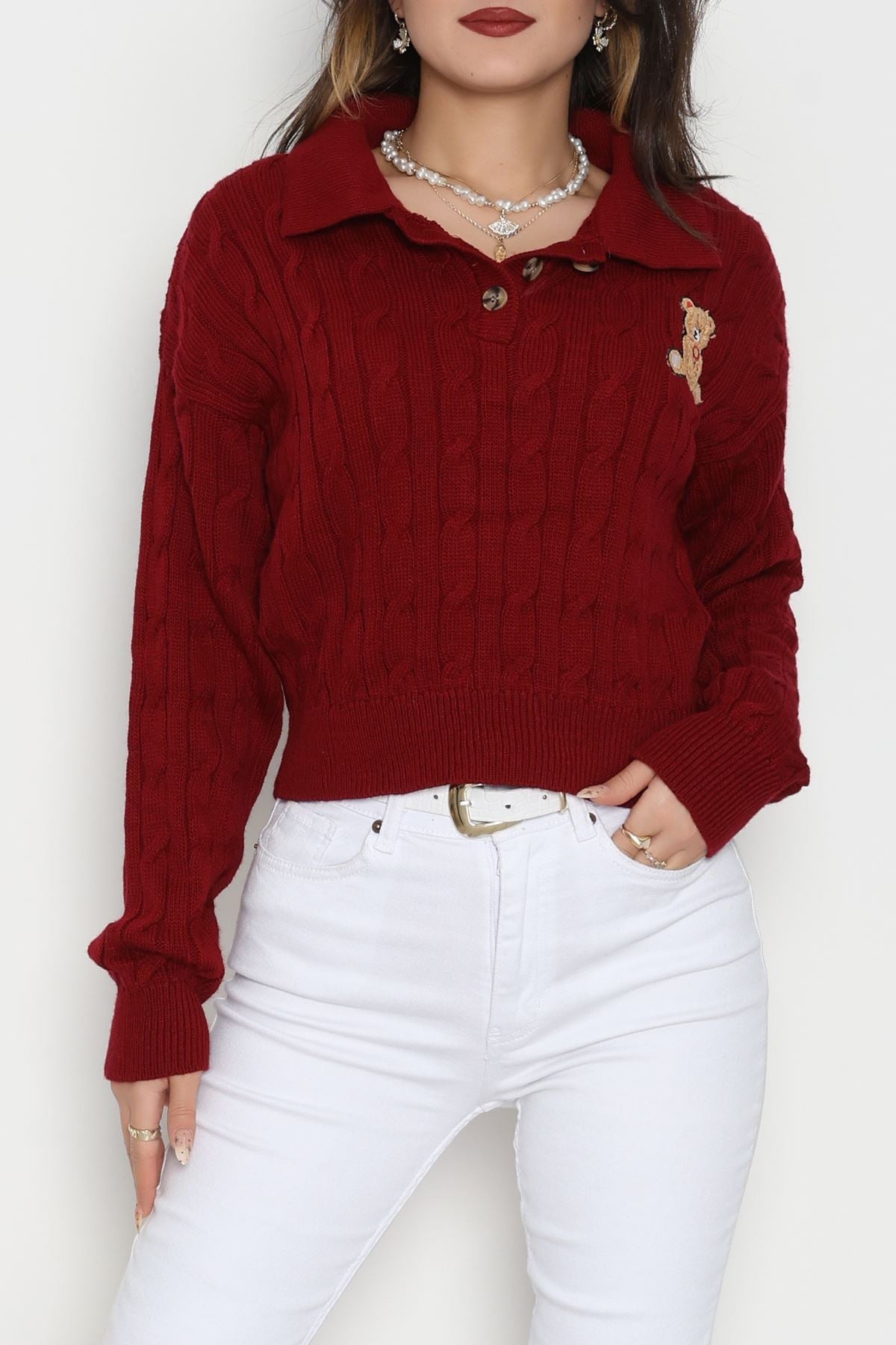 Saç Örgü Nakışlı Triko Kazak Bordo - 2162.1247.