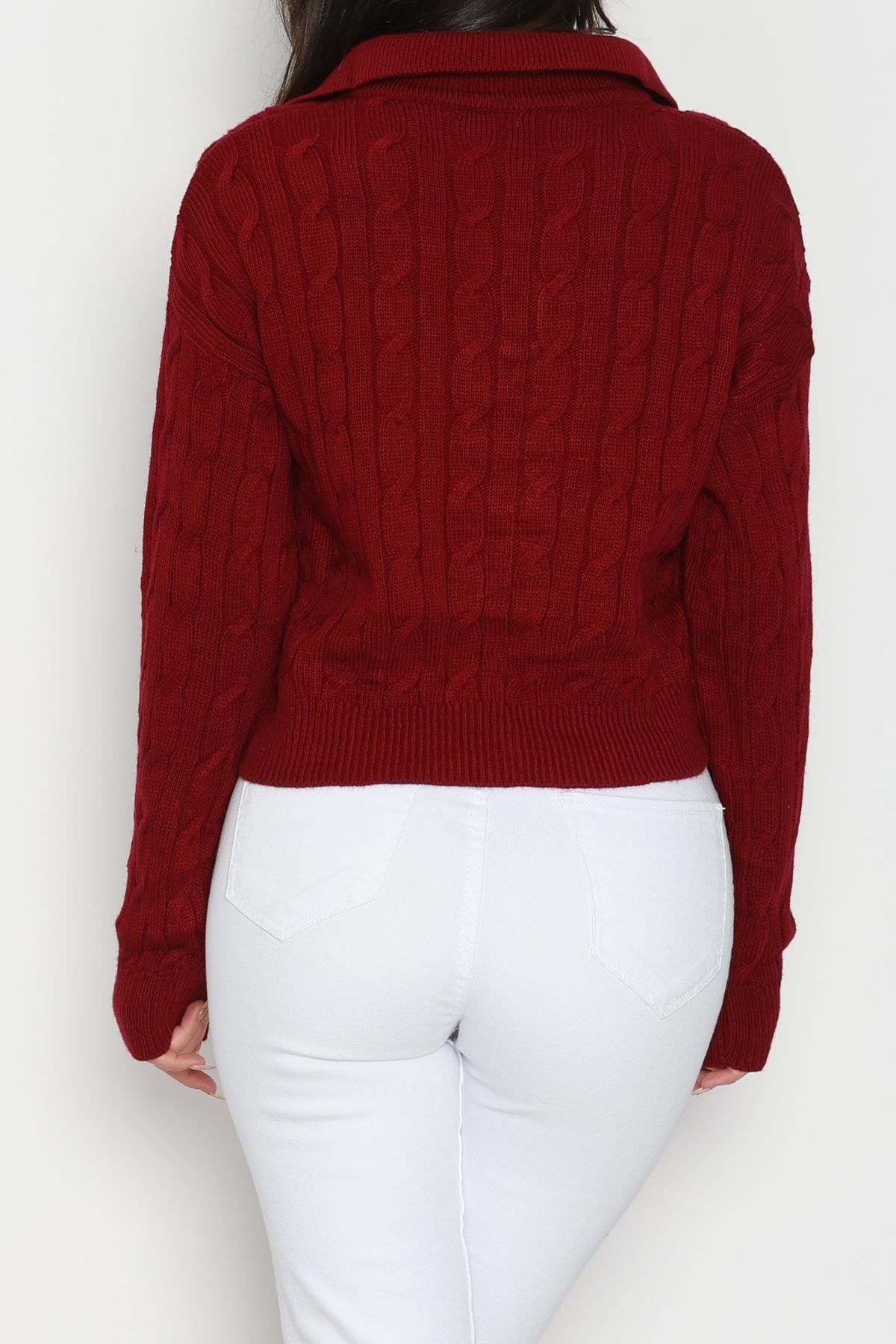 Saç Örgü Nakışlı Triko Kazak Bordo - 2162.1247.