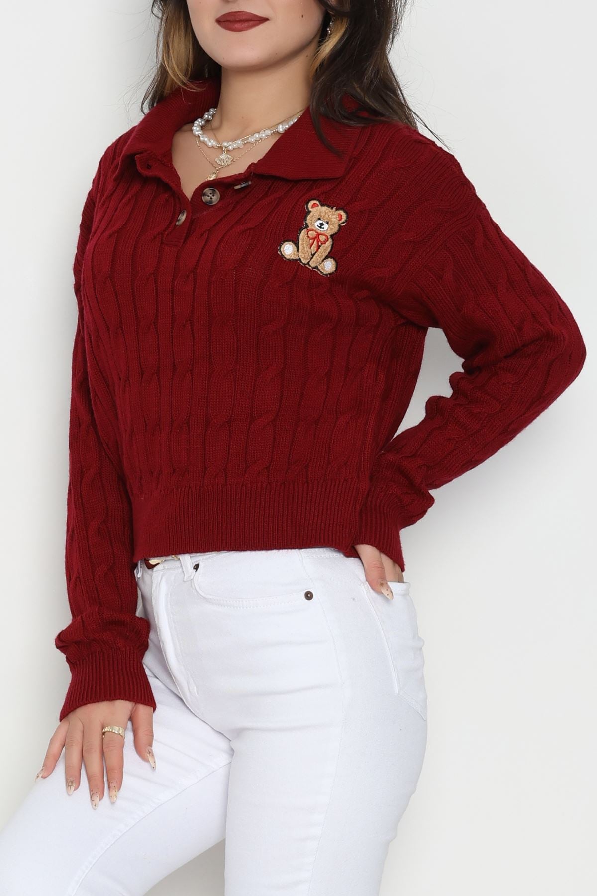 Saç Örgü Nakışlı Triko Kazak Bordo - 2162.1247.