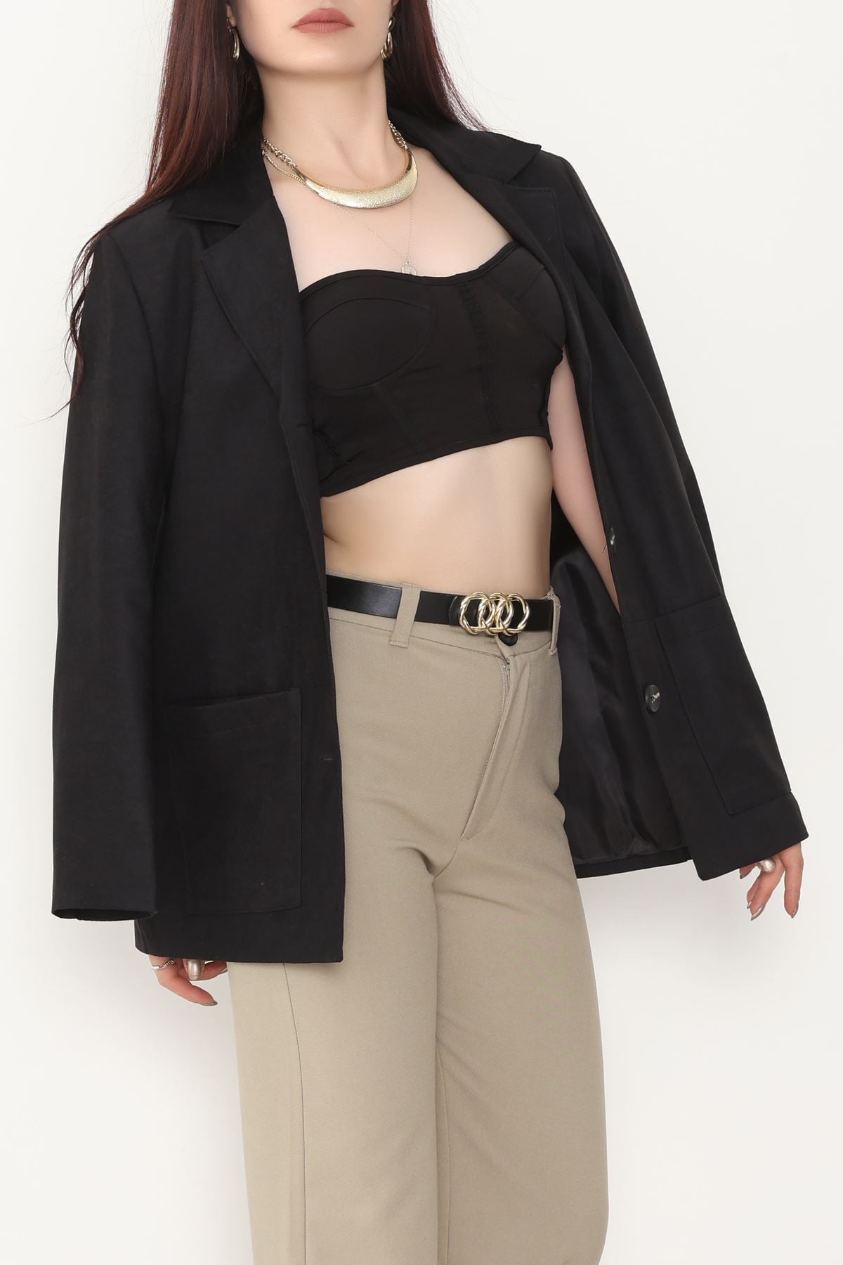 Üstten Takma Cep Süet Ceket Siyah - 6291.424.