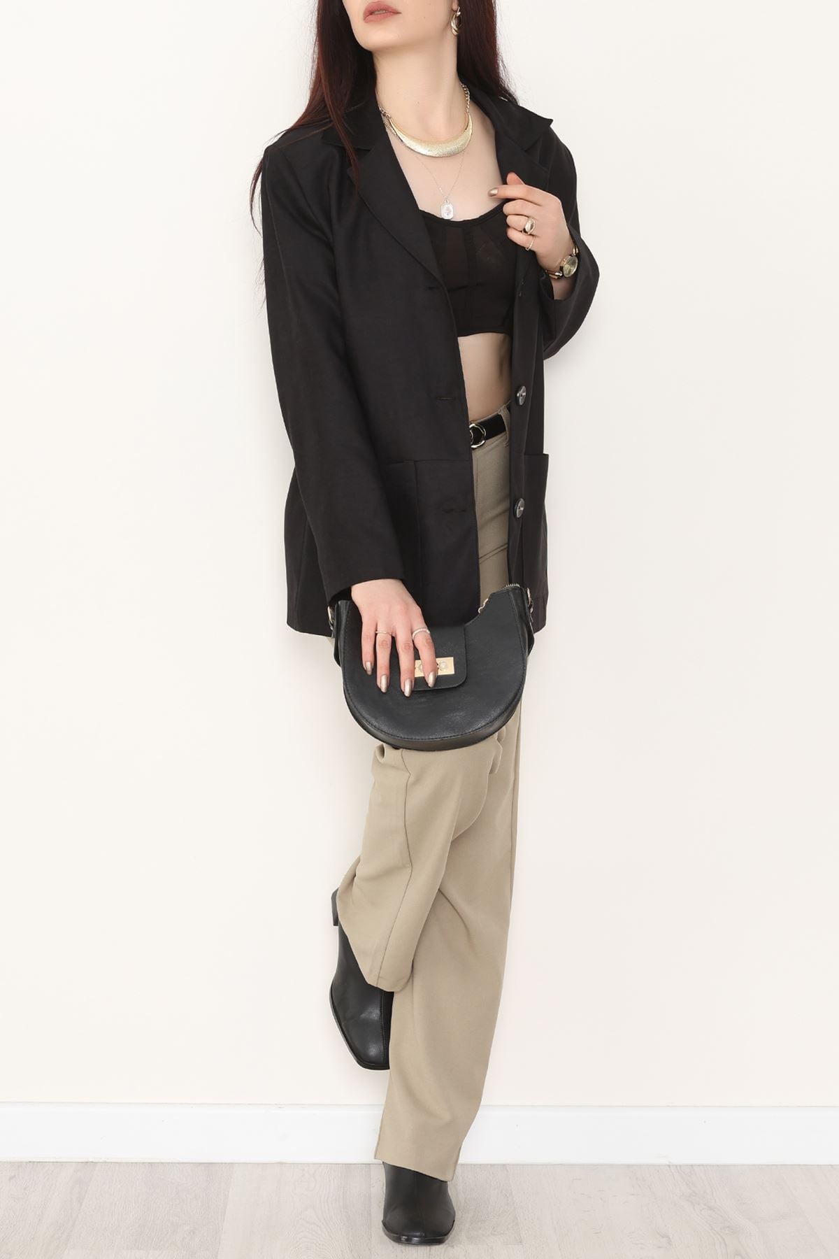 Üstten Takma Cep Süet Ceket Siyah - 6291.424.