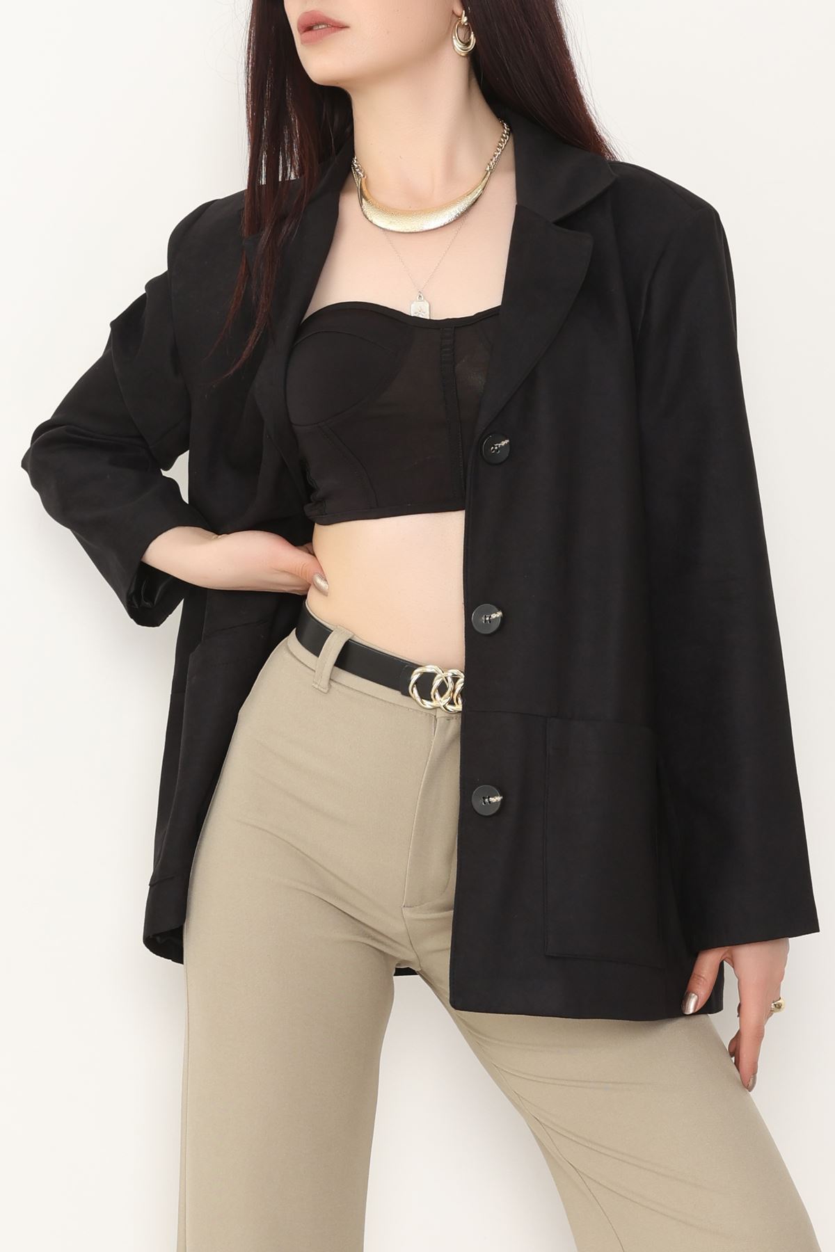 Üstten Takma Cep Süet Ceket Siyah - 6291.424.