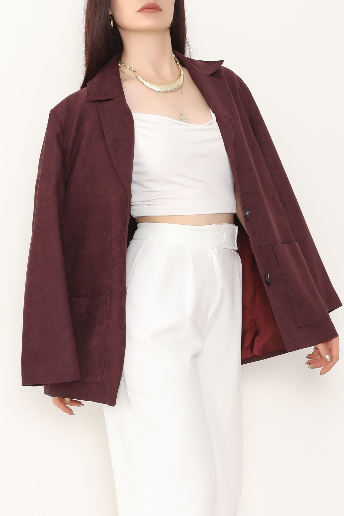 Üstten Takma Cep Süet Ceket Mürdüm - 6291.424.