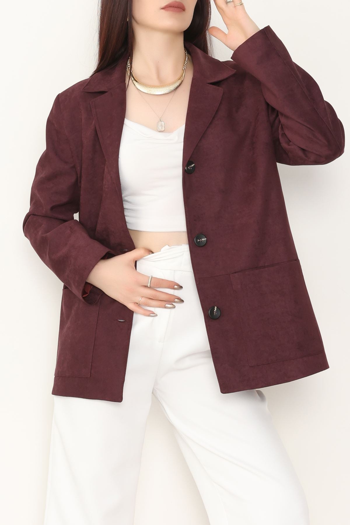 Üstten Takma Cep Süet Ceket Mürdüm - 6291.424.