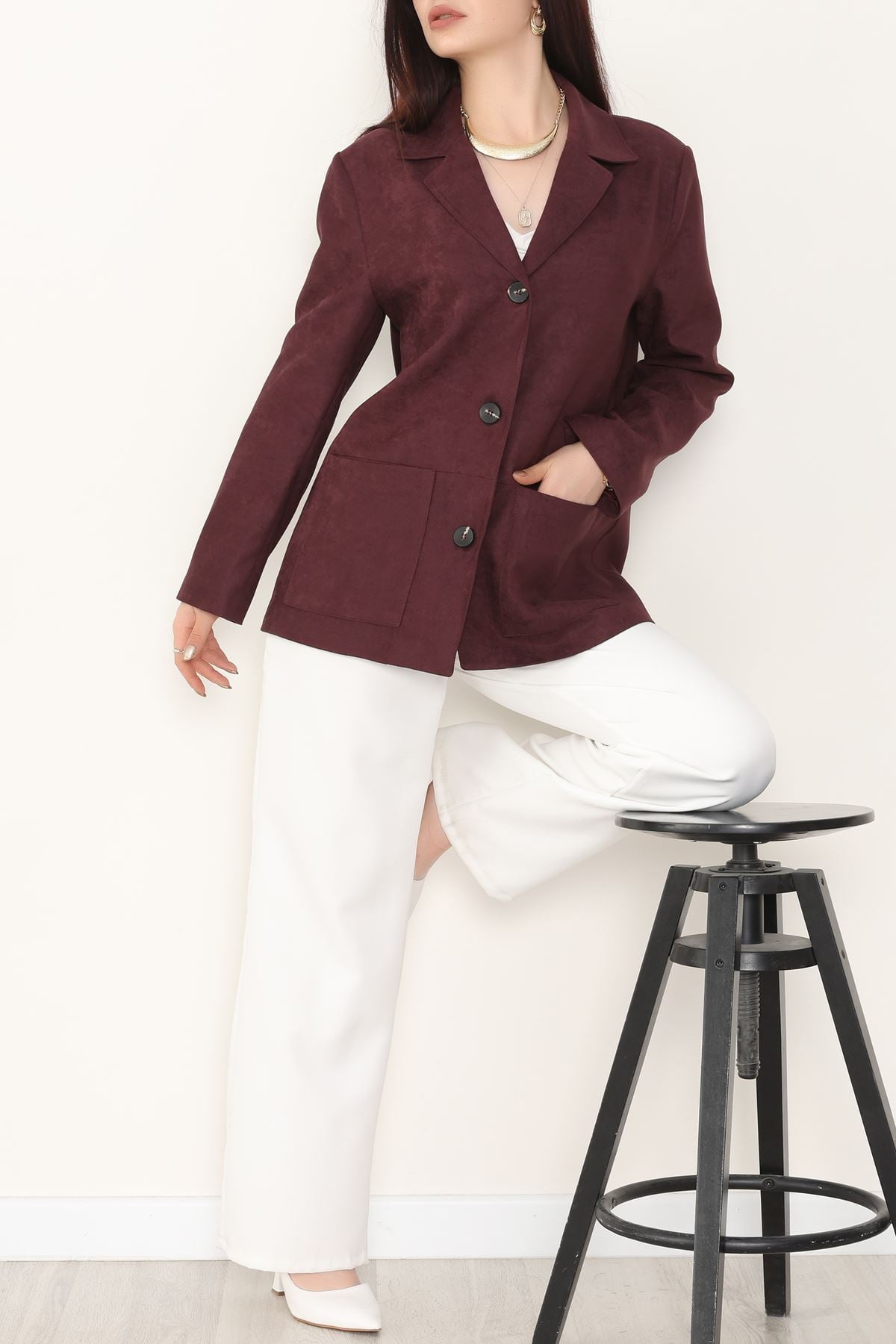 Üstten Takma Cep Süet Ceket Mürdüm - 6291.424.