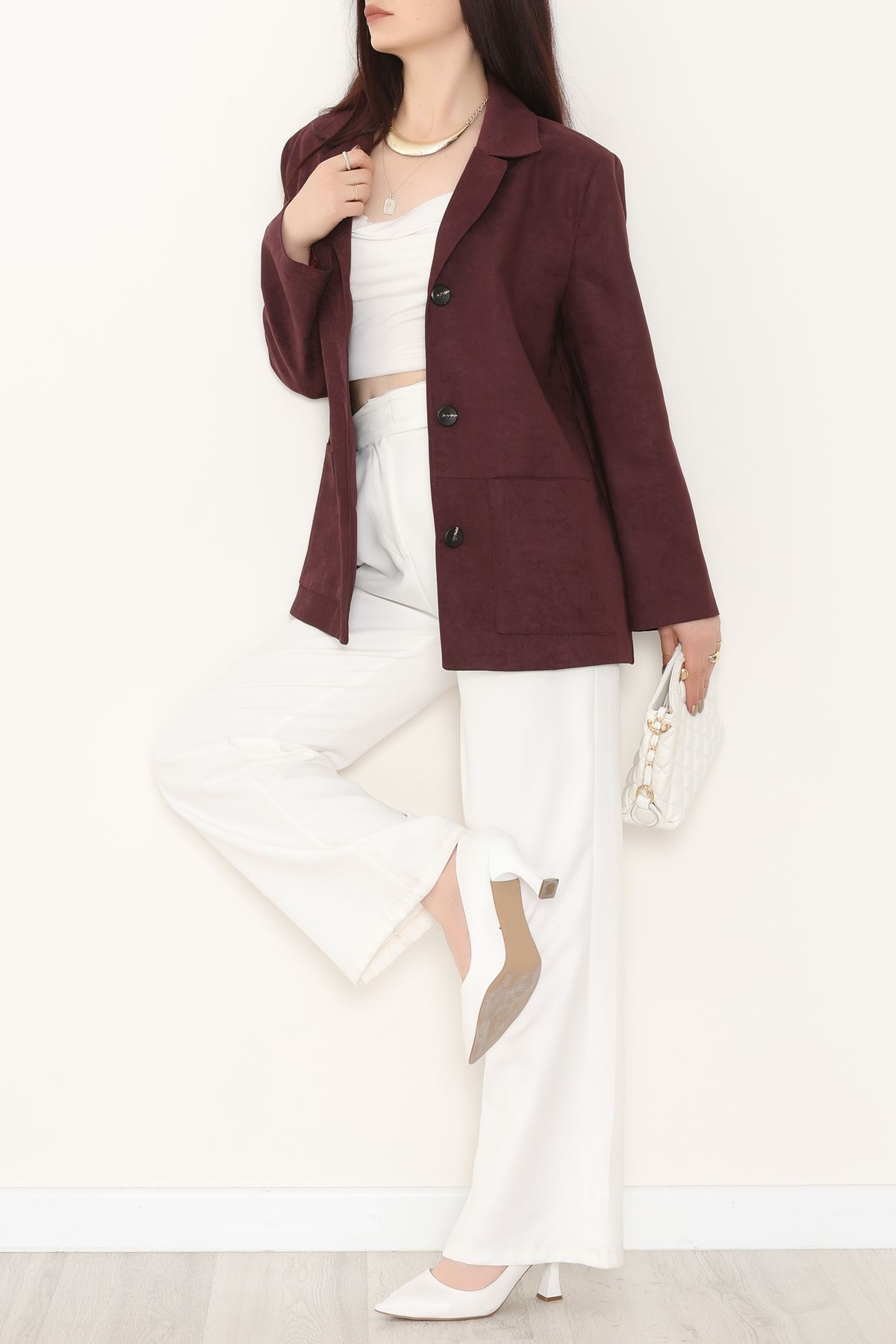 Üstten Takma Cep Süet Ceket Mürdüm - 6291.424.