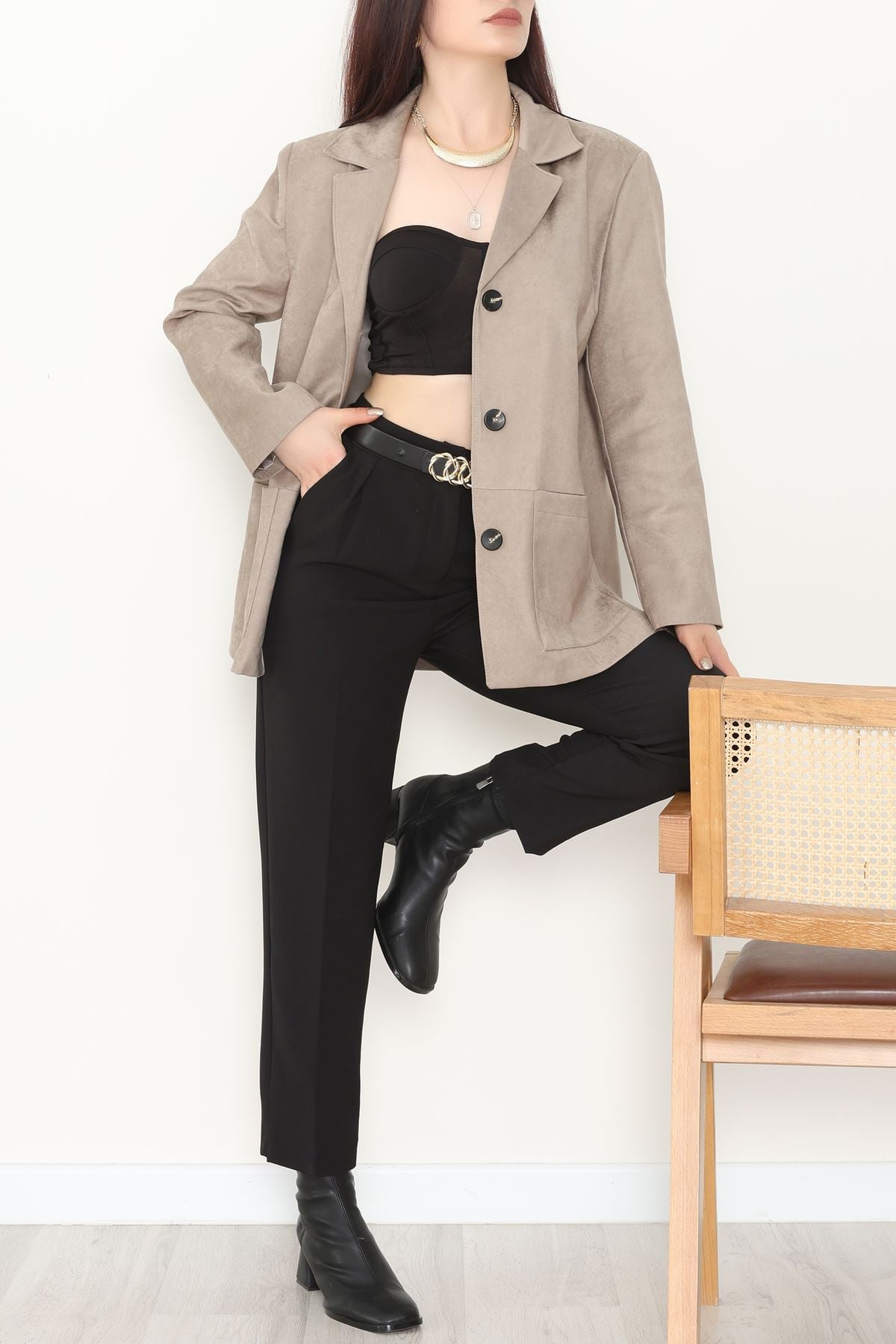 Üstten Takma Cep Süet Ceket Bej - 6291.424.