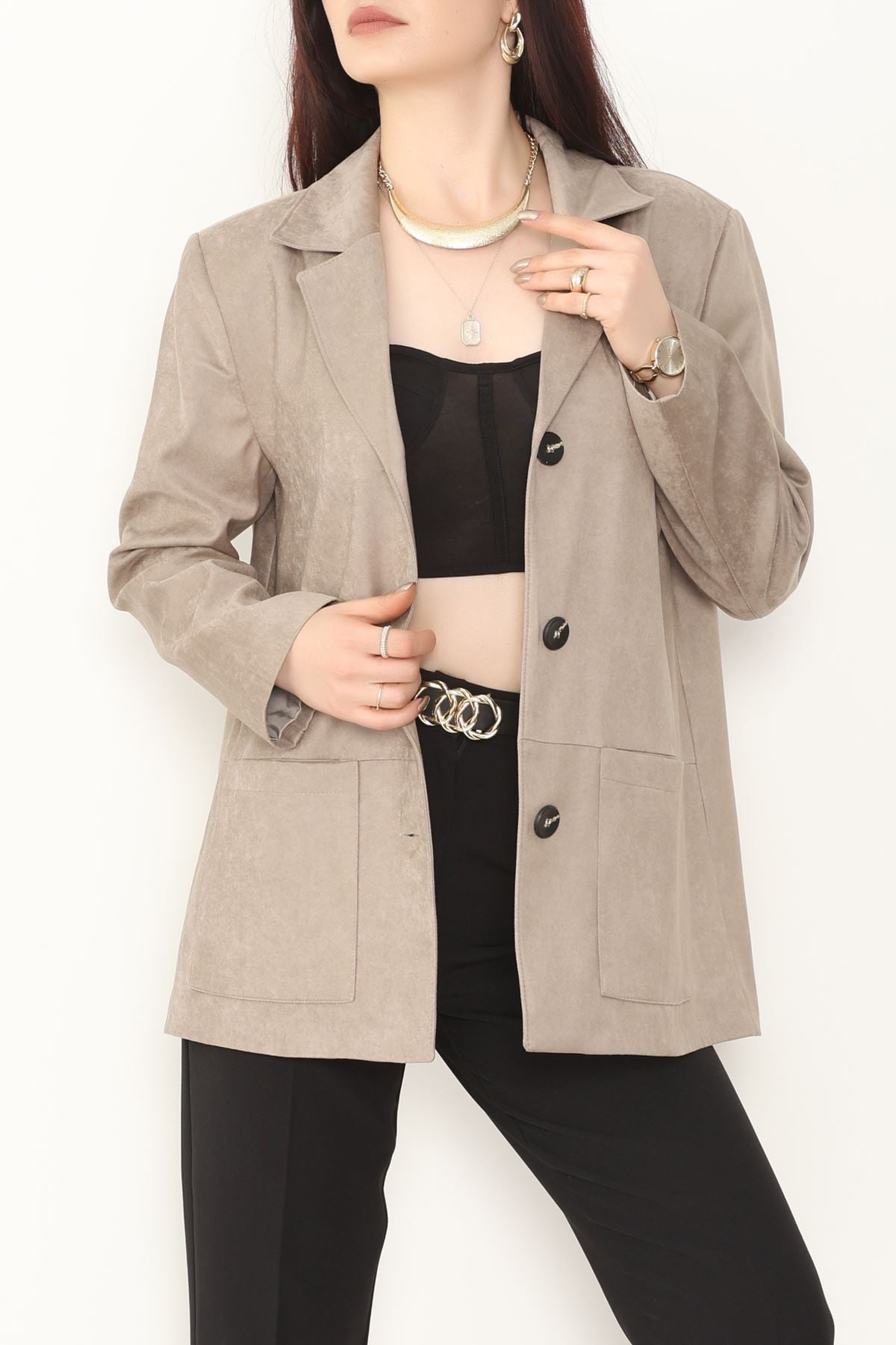 Üstten Takma Cep Süet Ceket Bej - 6291.424.