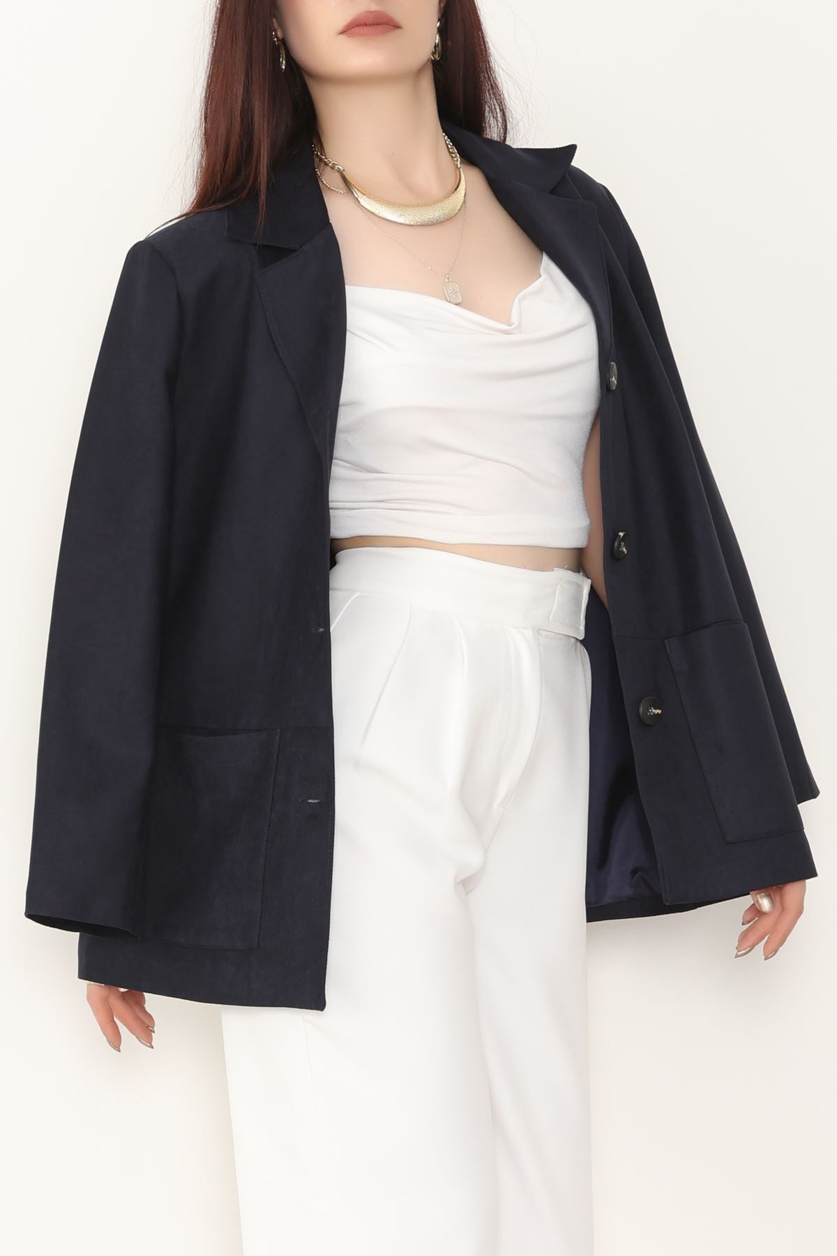 Üstten Takma Cep Süet Ceket Lacivert - 6291.424.