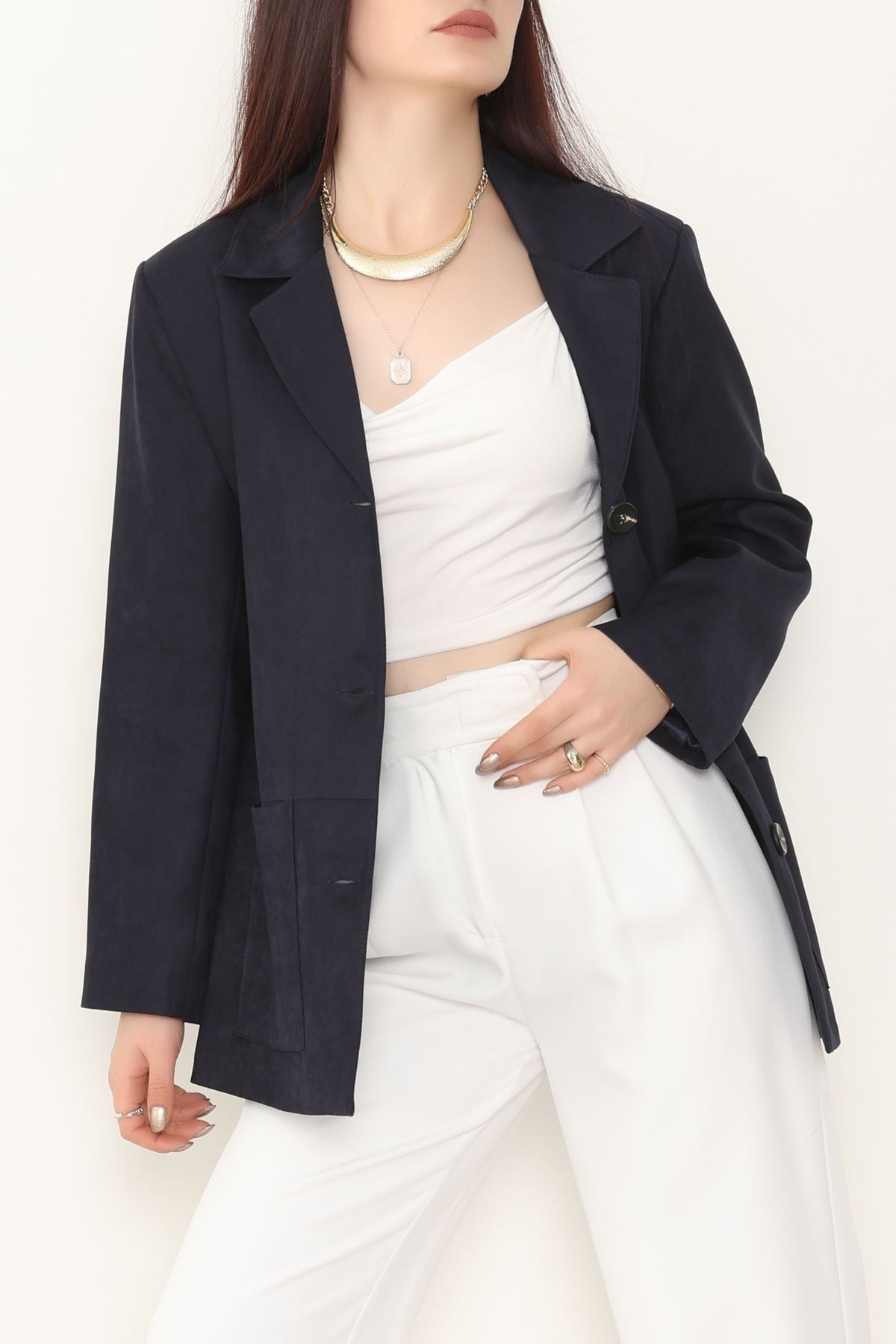 Üstten Takma Cep Süet Ceket Lacivert - 6291.424.