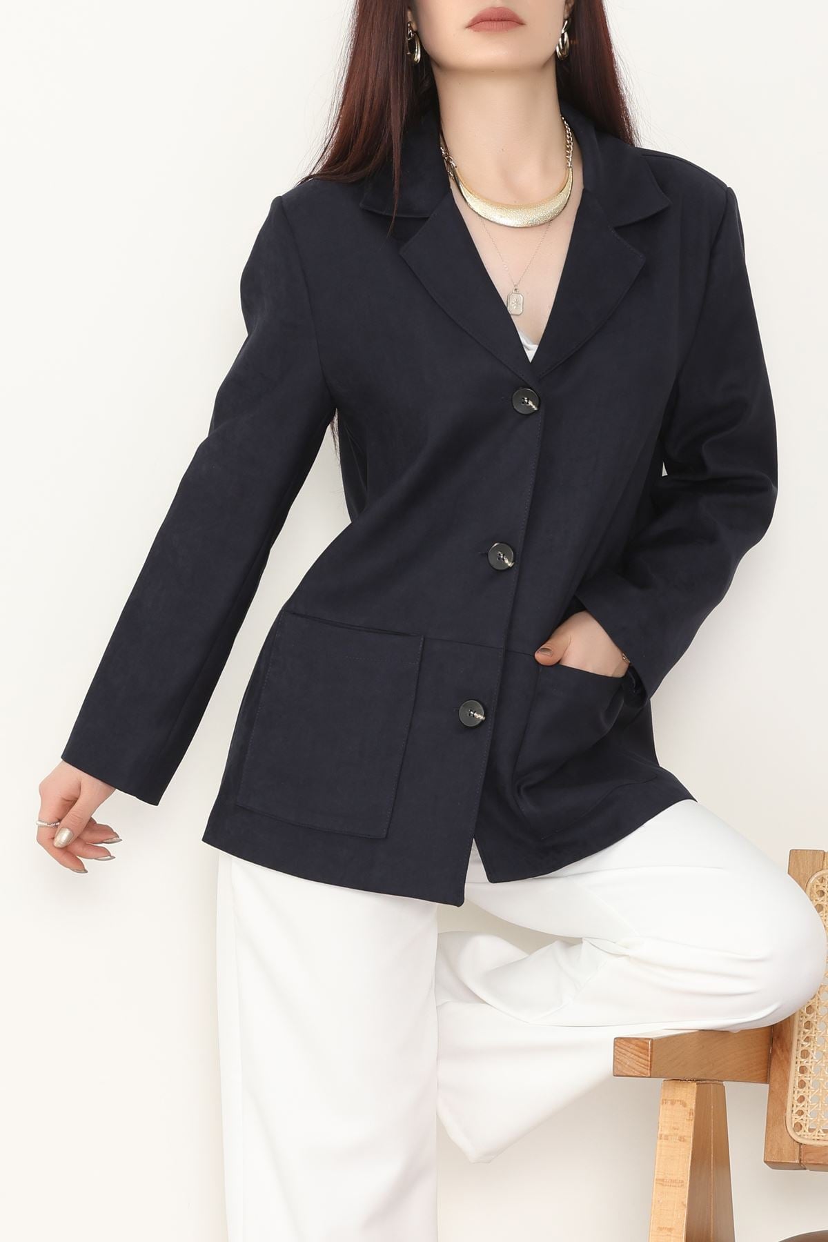 Üstten Takma Cep Süet Ceket Lacivert - 6291.424.