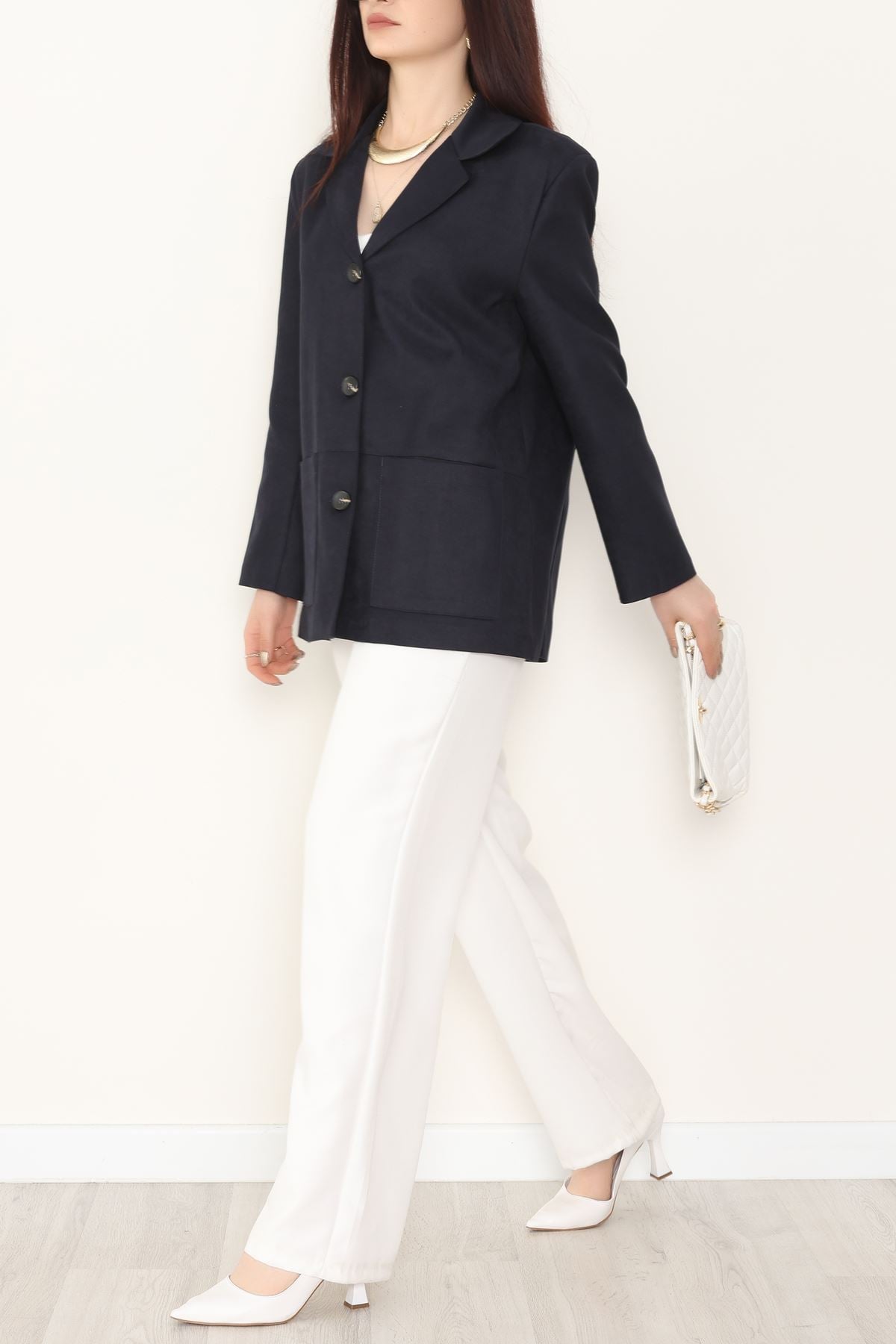 Üstten Takma Cep Süet Ceket Lacivert - 6291.424.