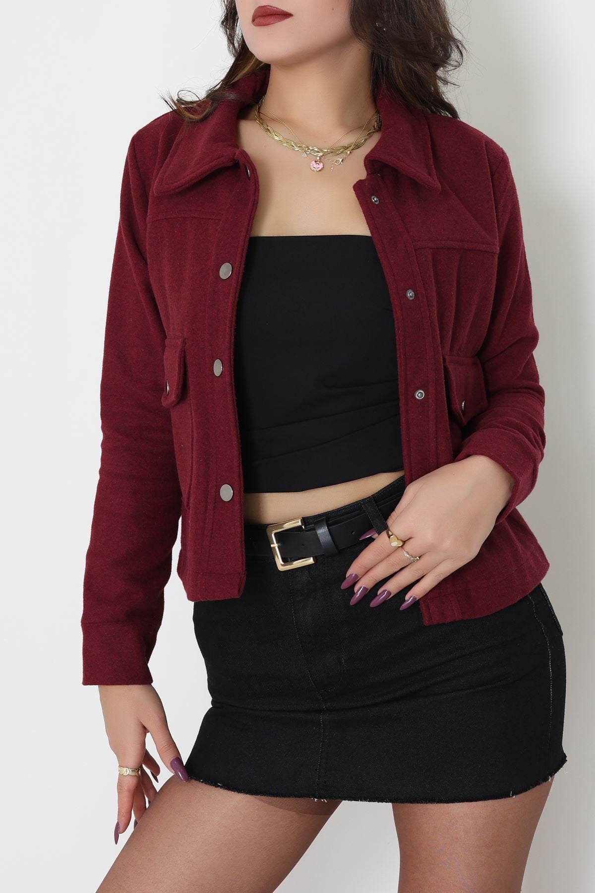 Klasik Yaka Çıtçıt Düğmeli Cep Detaylı Kaşe Crop Ceket Bordo - 70992.1775.