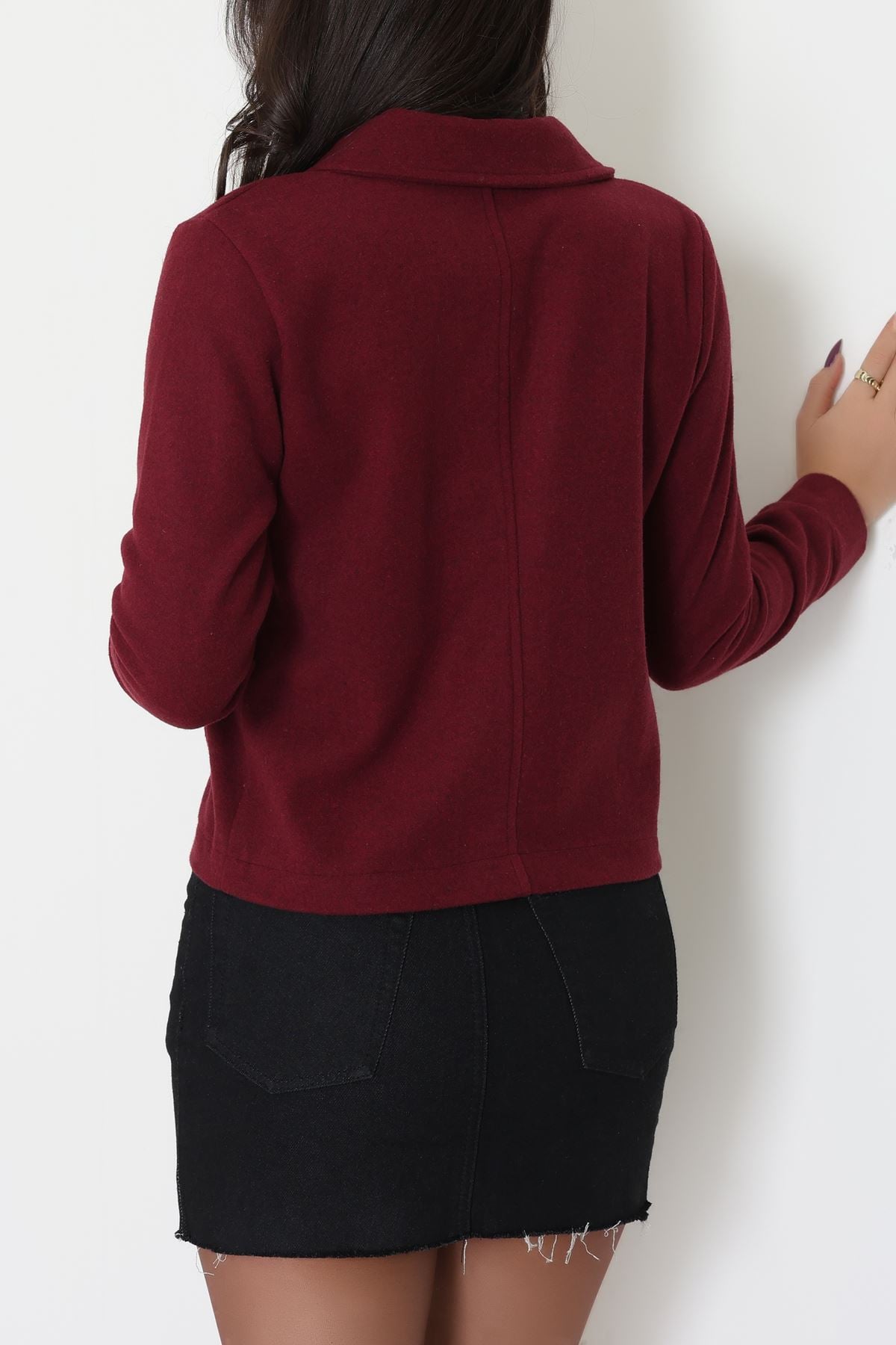Klasik Yaka Çıtçıt Düğmeli Cep Detaylı Kaşe Crop Ceket Bordo - 70992.1775.