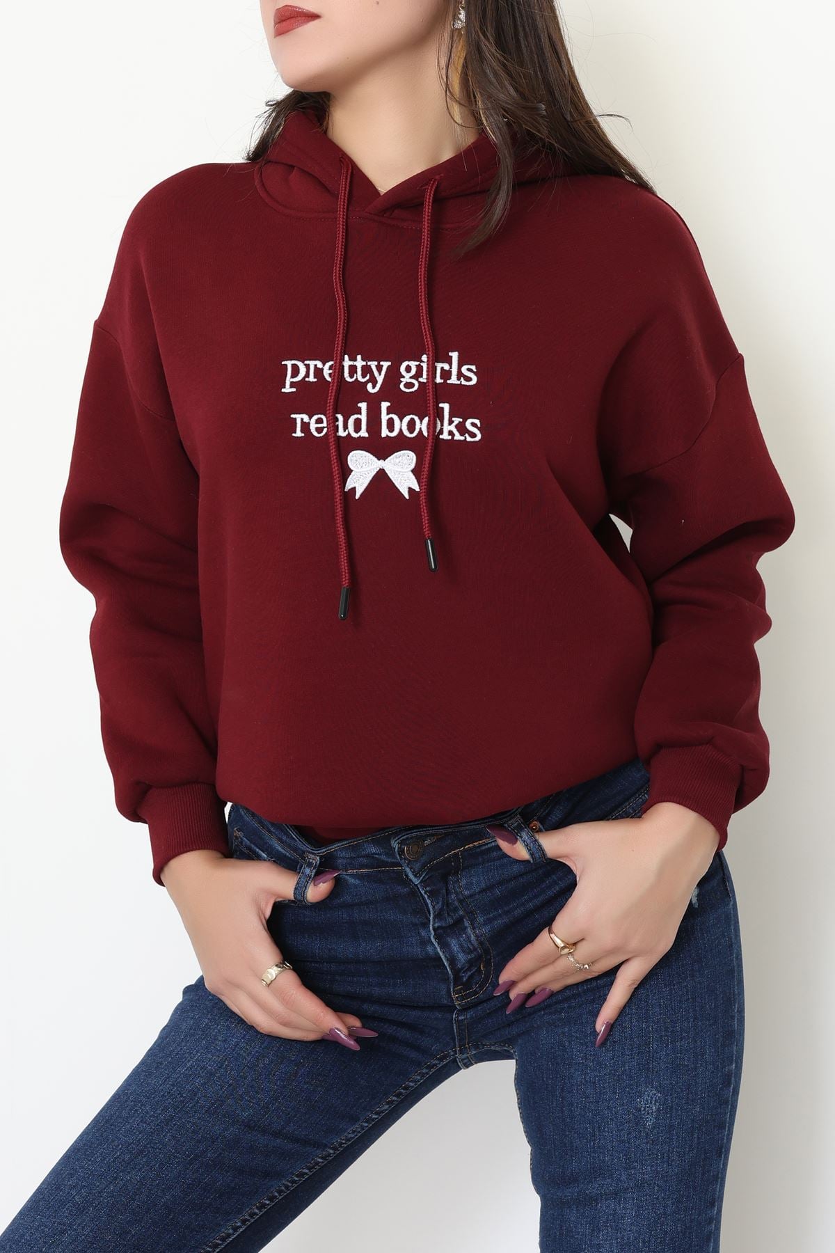 3 İplik Kapşonlu Nakışlı Sweat Koyubordobeyaz - 42228.1878.