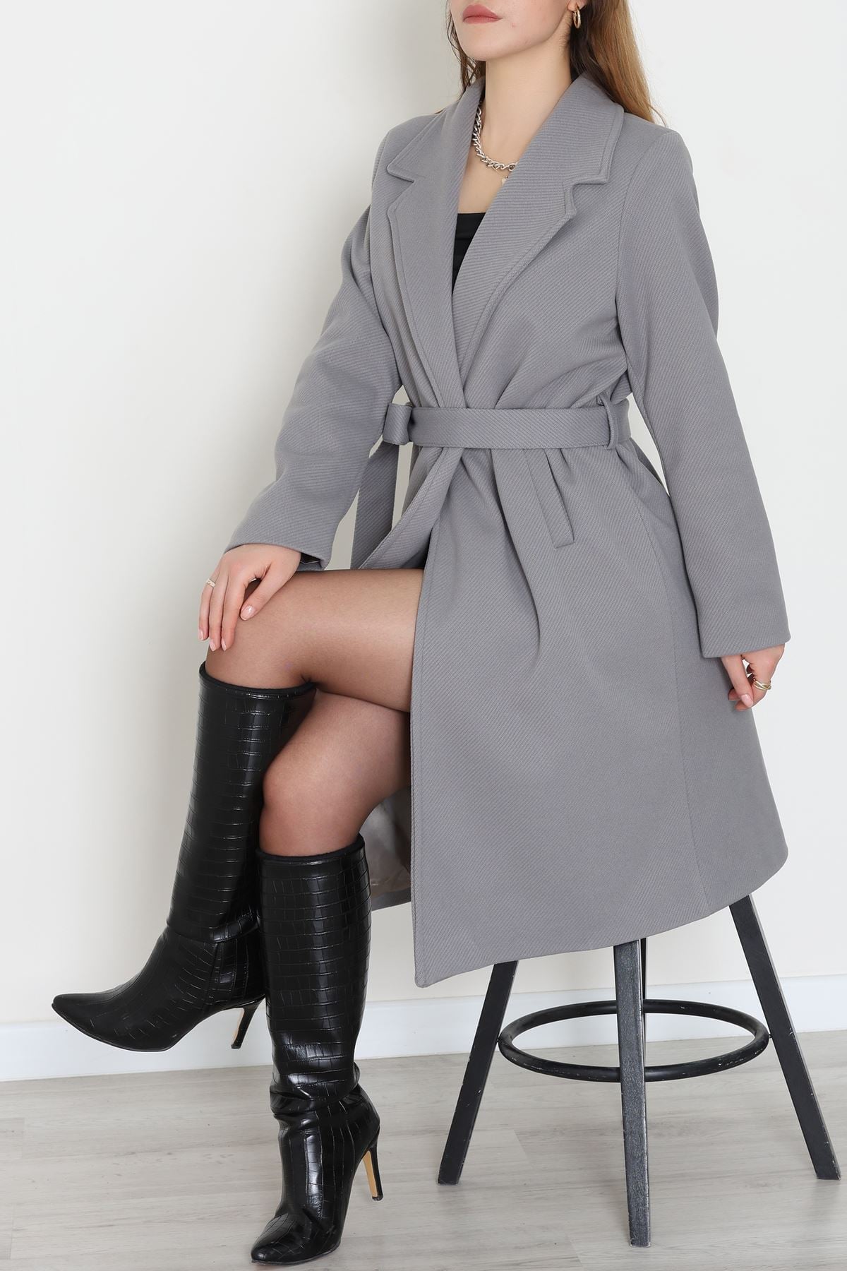 Uzun Astarlı Kaşe Kaban Gri - 4001.1839.