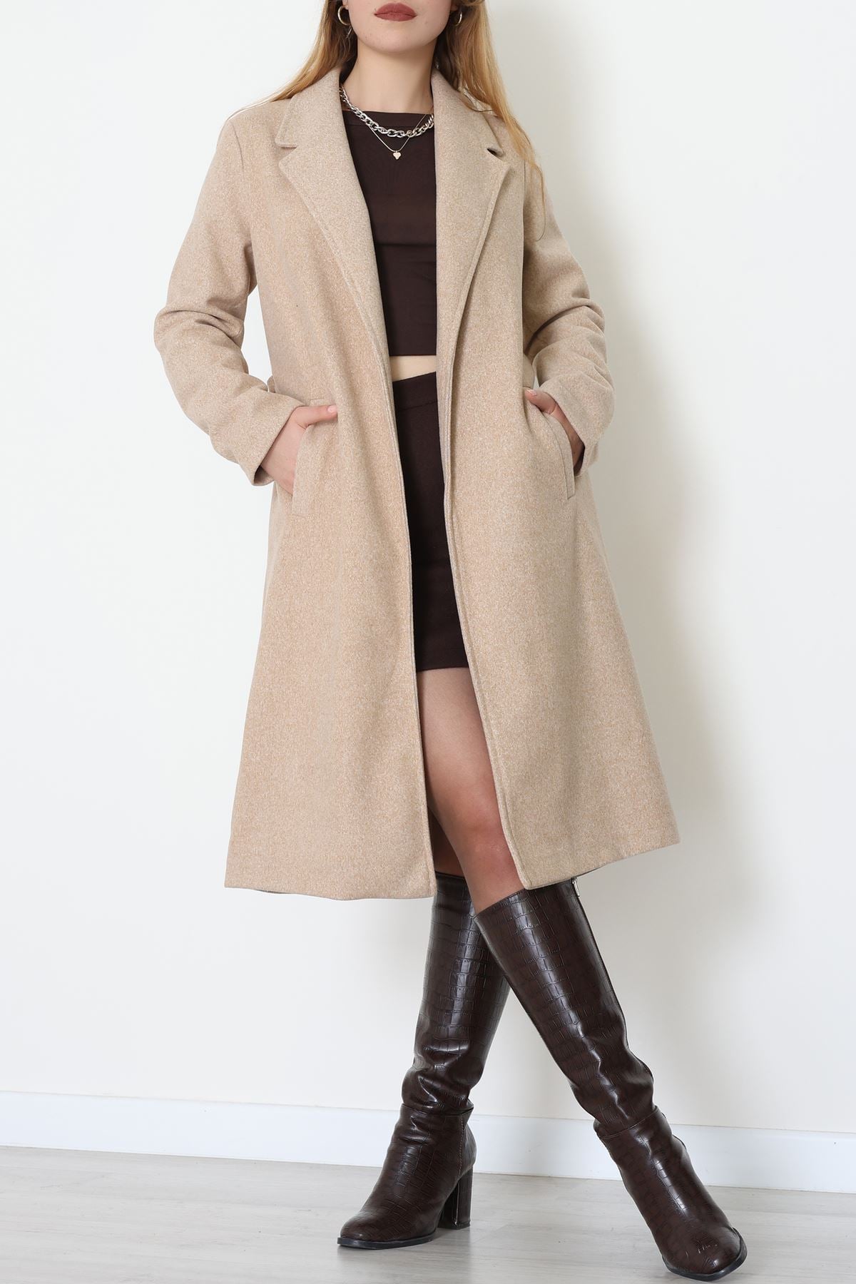 Uzun Astarlı Kaşe Kaban Bej - 4001.1839.