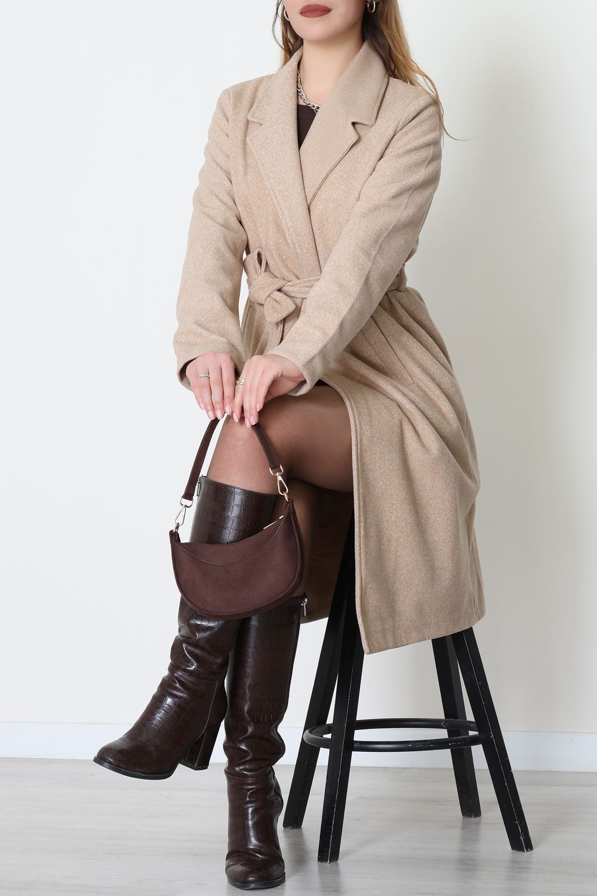 Uzun Astarlı Kaşe Kaban Bej - 4001.1839.