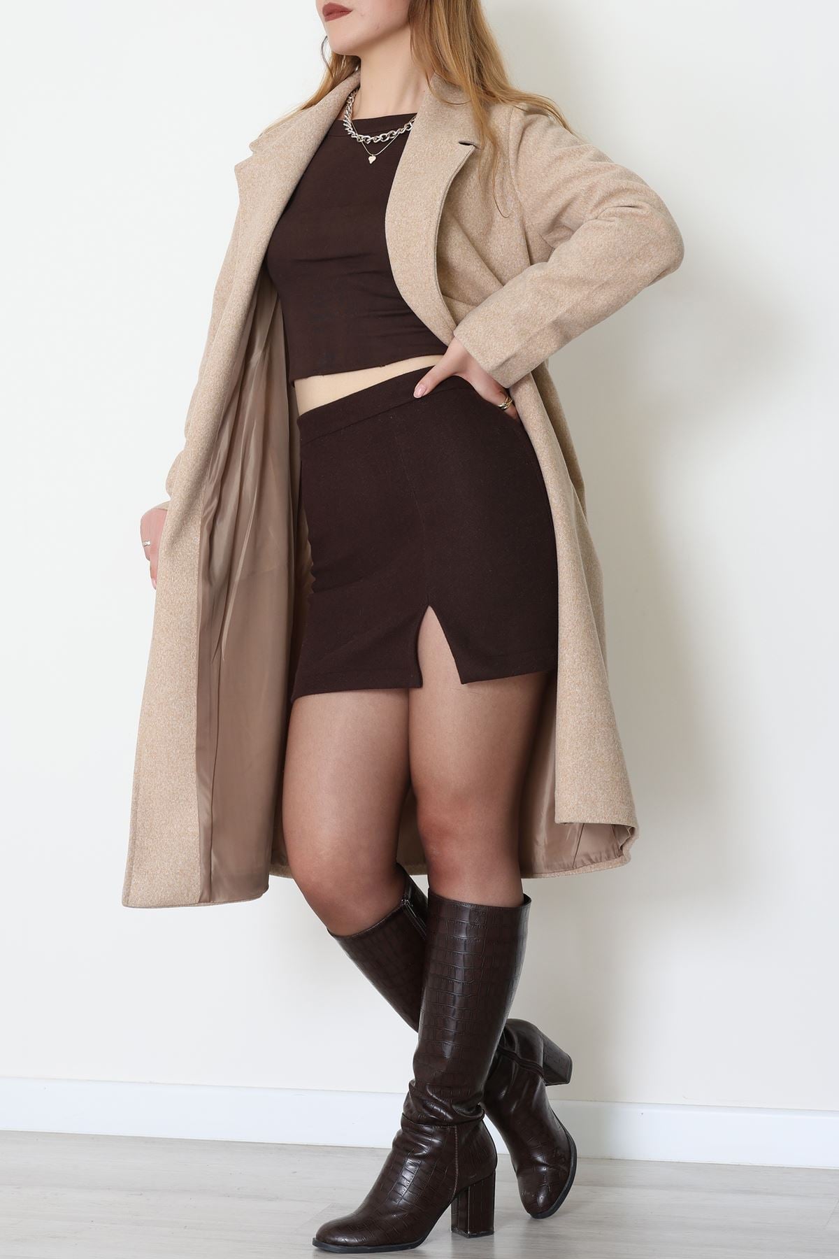 Uzun Astarlı Kaşe Kaban Bej - 4001.1839.