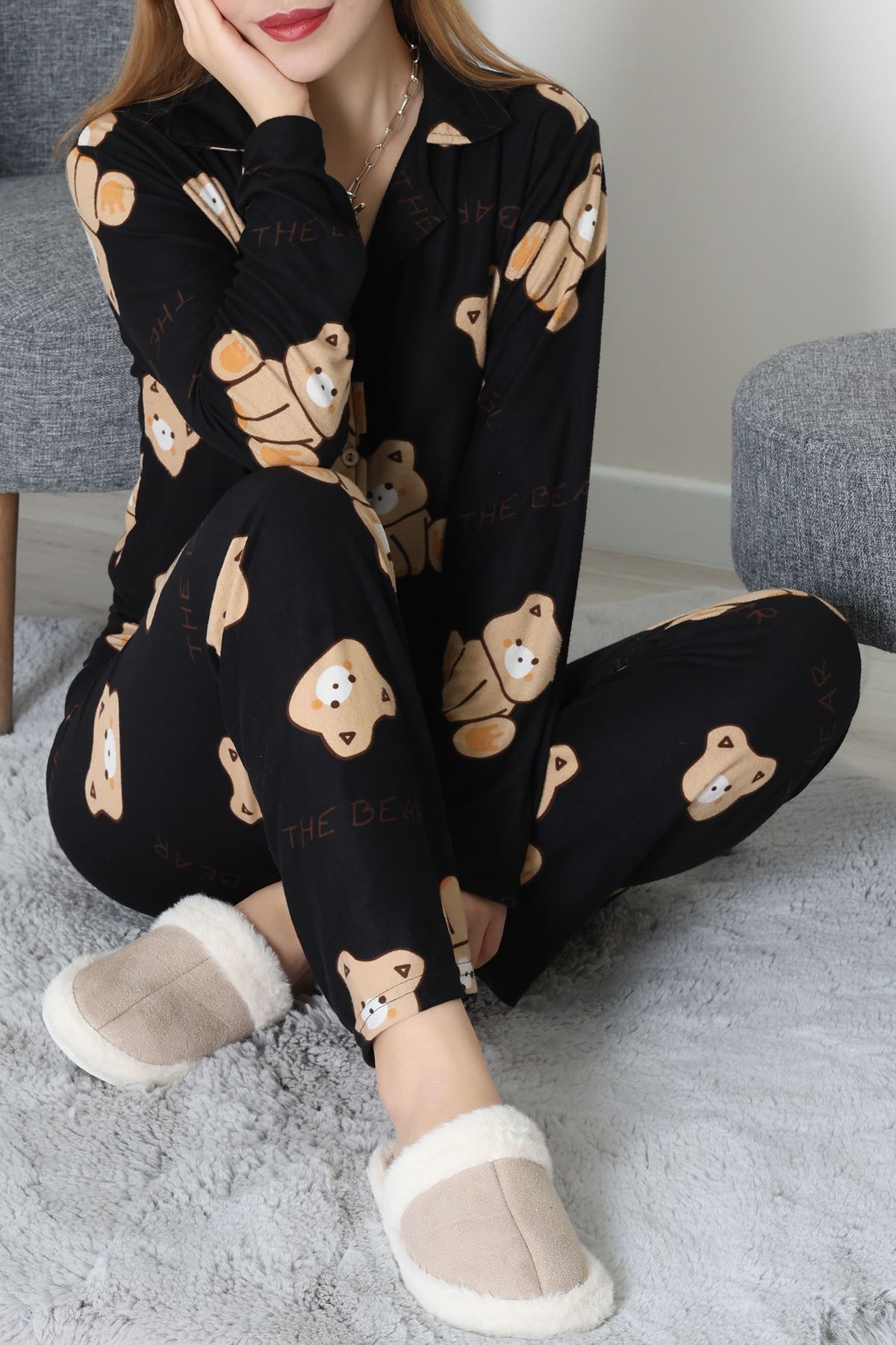 Düğmeli Süet Pijama Takımı Siyahayı - 450.1287.